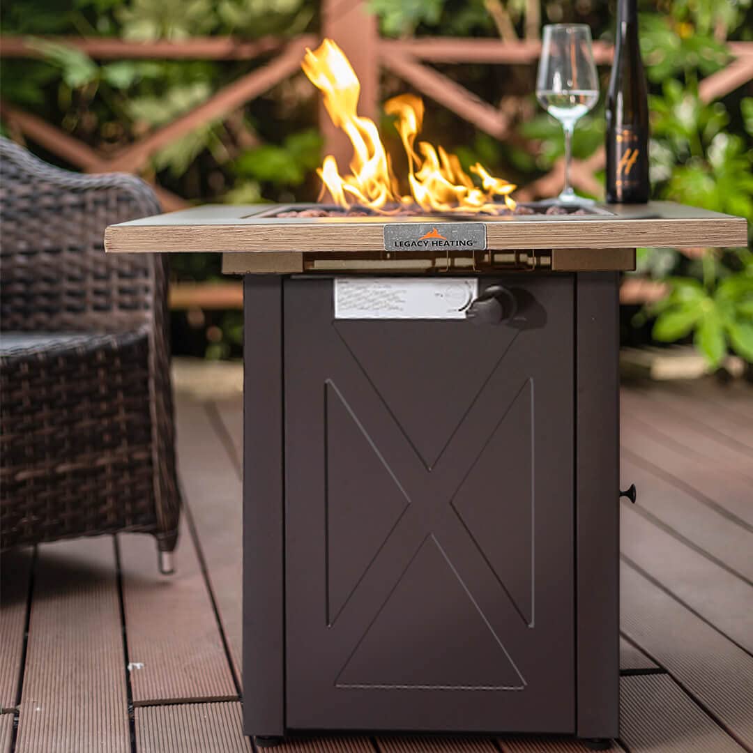 28Inch Outdoor Gas Fire Pit Table48,000 Btu, Square Outdside Propane Patio Firetable, Etl Certification, Bionic Wood Grain Lid, For Backyard, Garden, Party, Deck, Courtyard Brown Steel