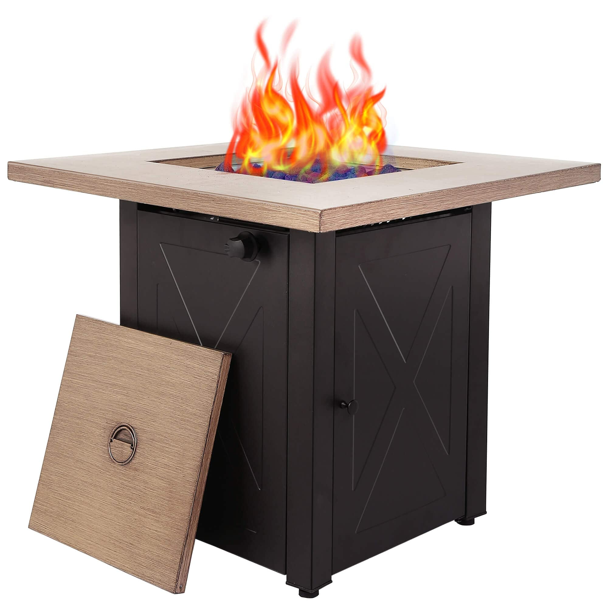 28Inch Outdoor Gas Fire Pit Table48,000 Btu, Square Outdside Propane Patio Firetable, Etl Certification, Bionic Wood Grain Lid, For Backyard, Garden, Party, Deck, Courtyard Brown Steel