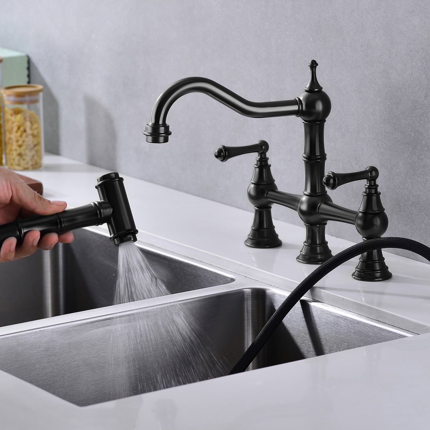 Bridge Dual Handles Kitchen Faucet With Pull Out Side Spray In Matte Black Brass