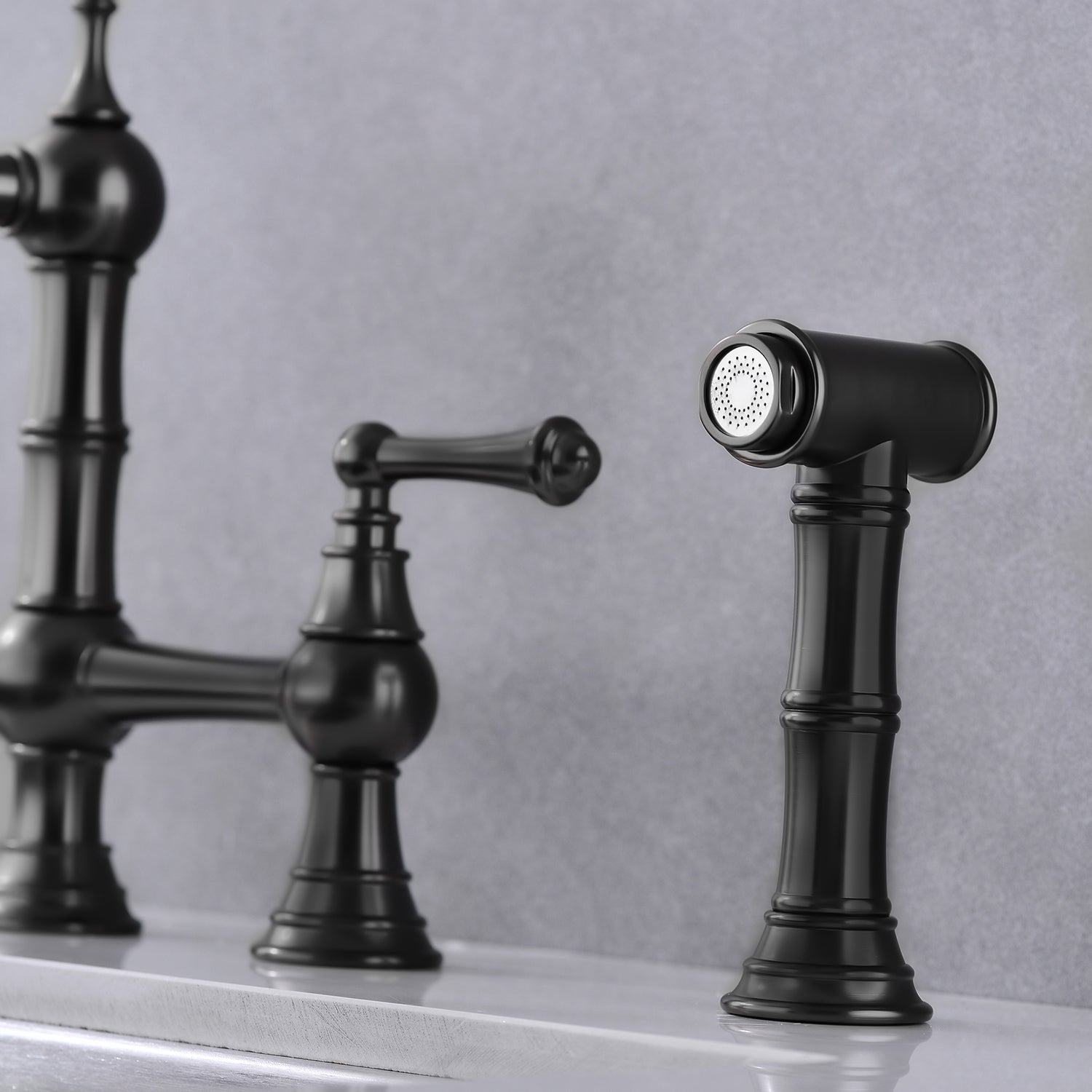 Bridge Dual Handles Kitchen Faucet With Pull Out Side Spray In Matte Black Brass