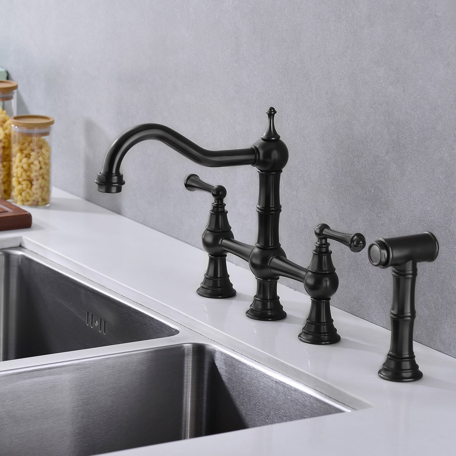 Bridge Dual Handles Kitchen Faucet With Pull Out Side Spray In Matte Black Brass