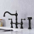 Bridge Dual Handles Kitchen Faucet With Pull Out Side Spray In Matte Black Brass