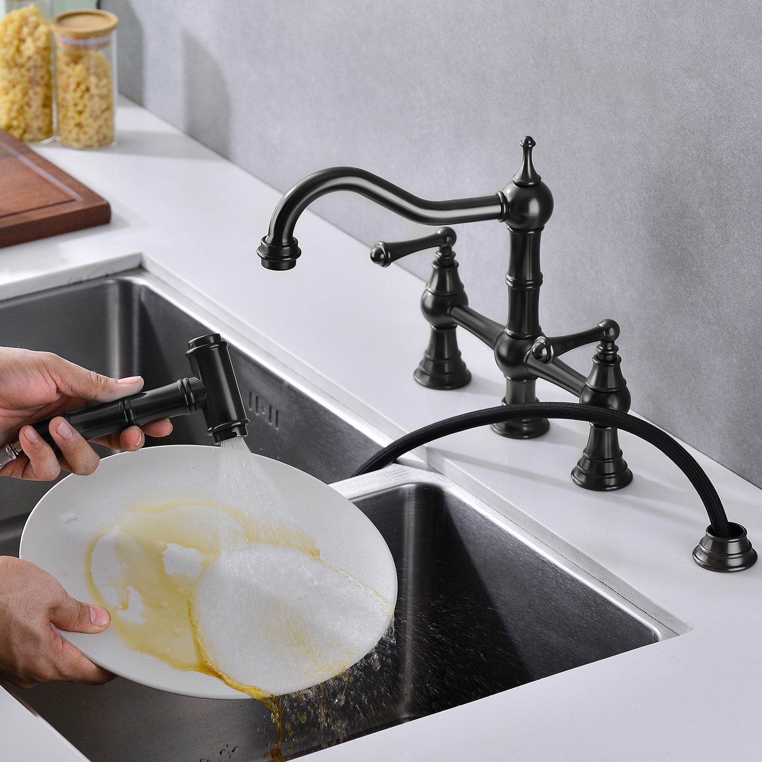 Bridge Dual Handles Kitchen Faucet With Pull Out Side Spray In Matte Black Brass