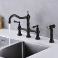 Bridge Dual Handles Kitchen Faucet With Pull Out Side Spray In Matte Black Brass