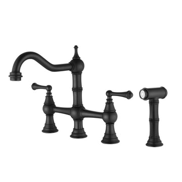 Bridge Dual Handles Kitchen Faucet With Pull Out Side Spray In Matte Black Brass