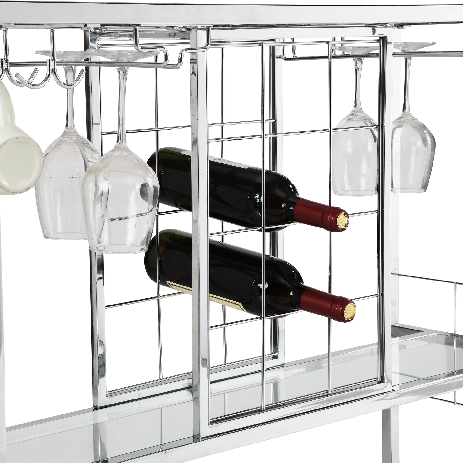 Bar Cart Kitchen Bar&Serving Cart For Home With Glass Holder And Wine Rack, 3 Tier Kitchen Trolley With Tempered Glass Shelves And Chrome Finished Chrome Glass Metal