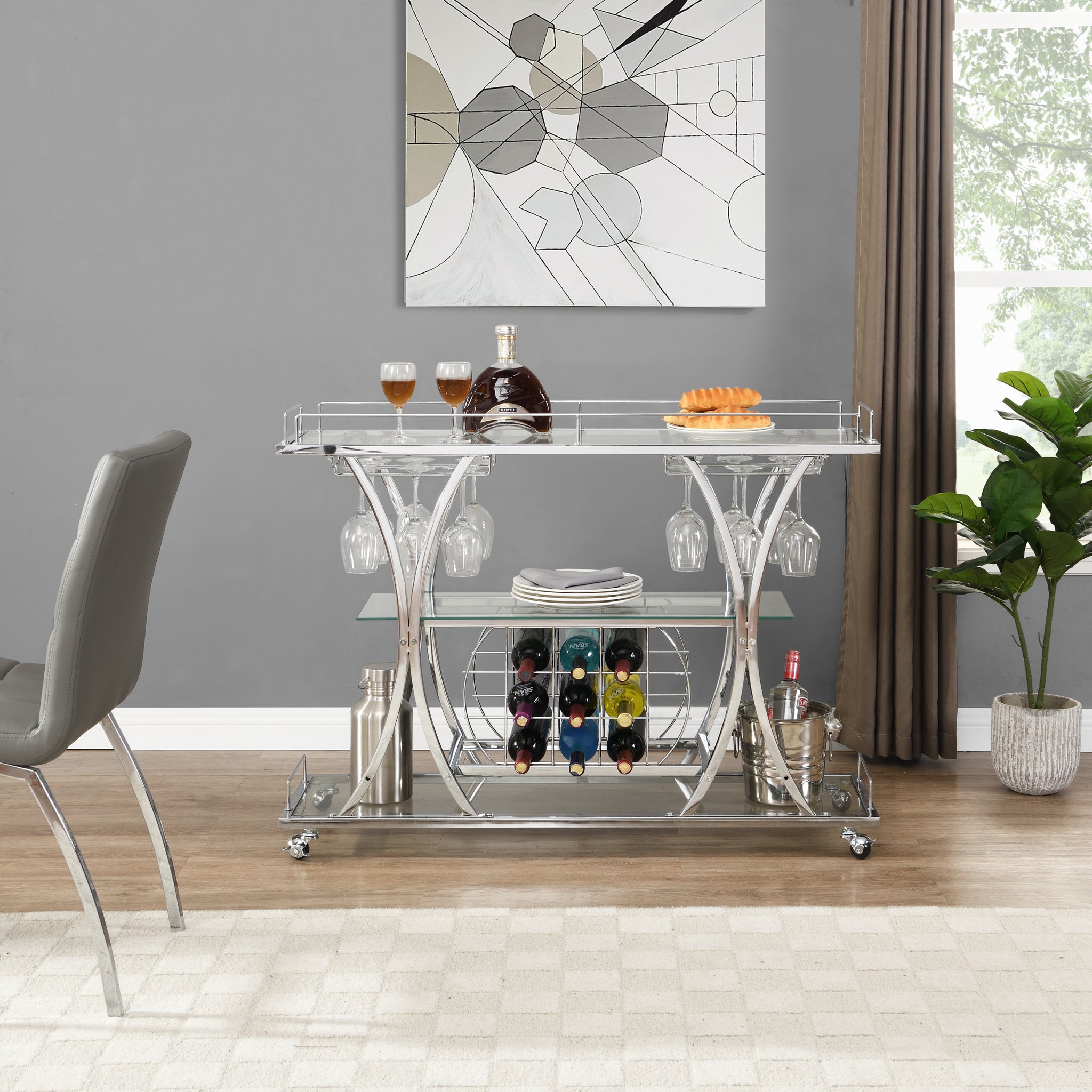 Contemporary Chrome Bar Cart with Wine Rack