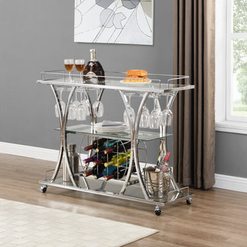 Contemporary Chrome Bar Cart With Wine Rack Silver Modern Glass Metal Frame Wine Storage Chrome Glass Metal