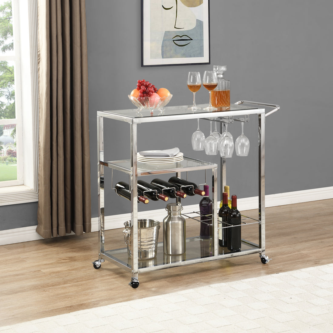 Contemporary Chrome Bar Serving Cart Silver