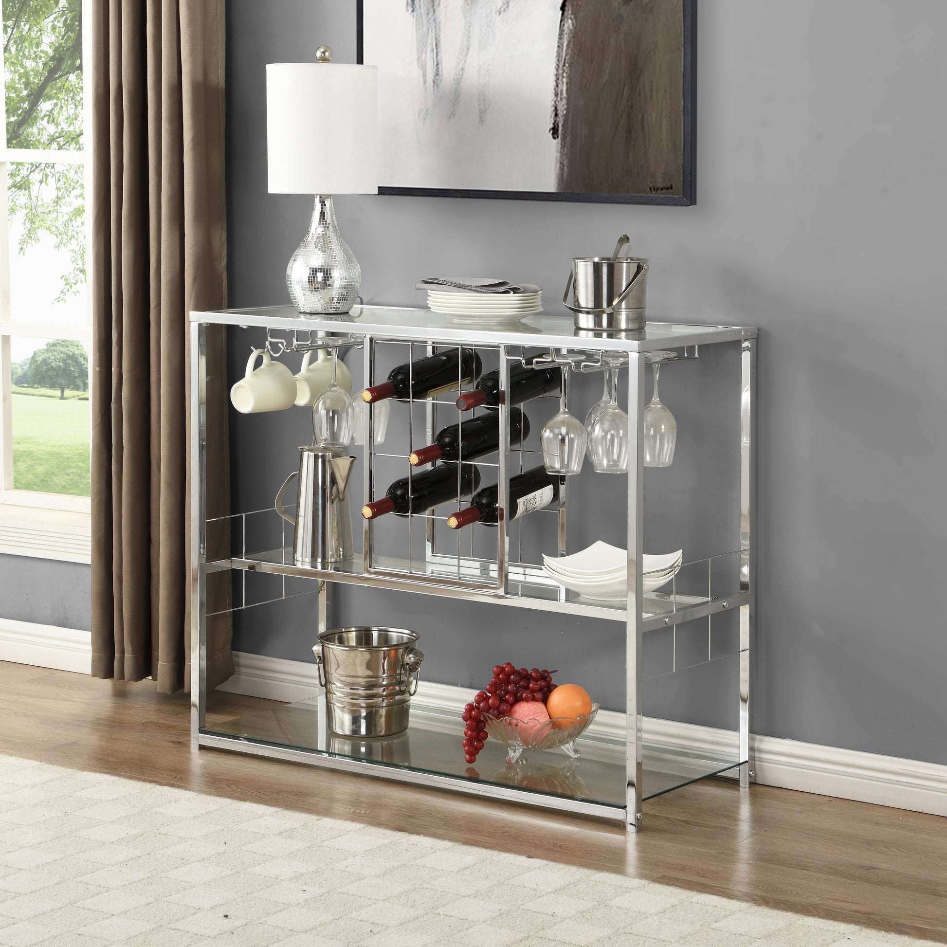 Bar Cart Kitchen Bar&Serving Cart For Home With Glass Holder And Wine Rack, 3 Tier Kitchen Trolley With Tempered Glass Shelves And Chrome Finished Chrome Glass Metal