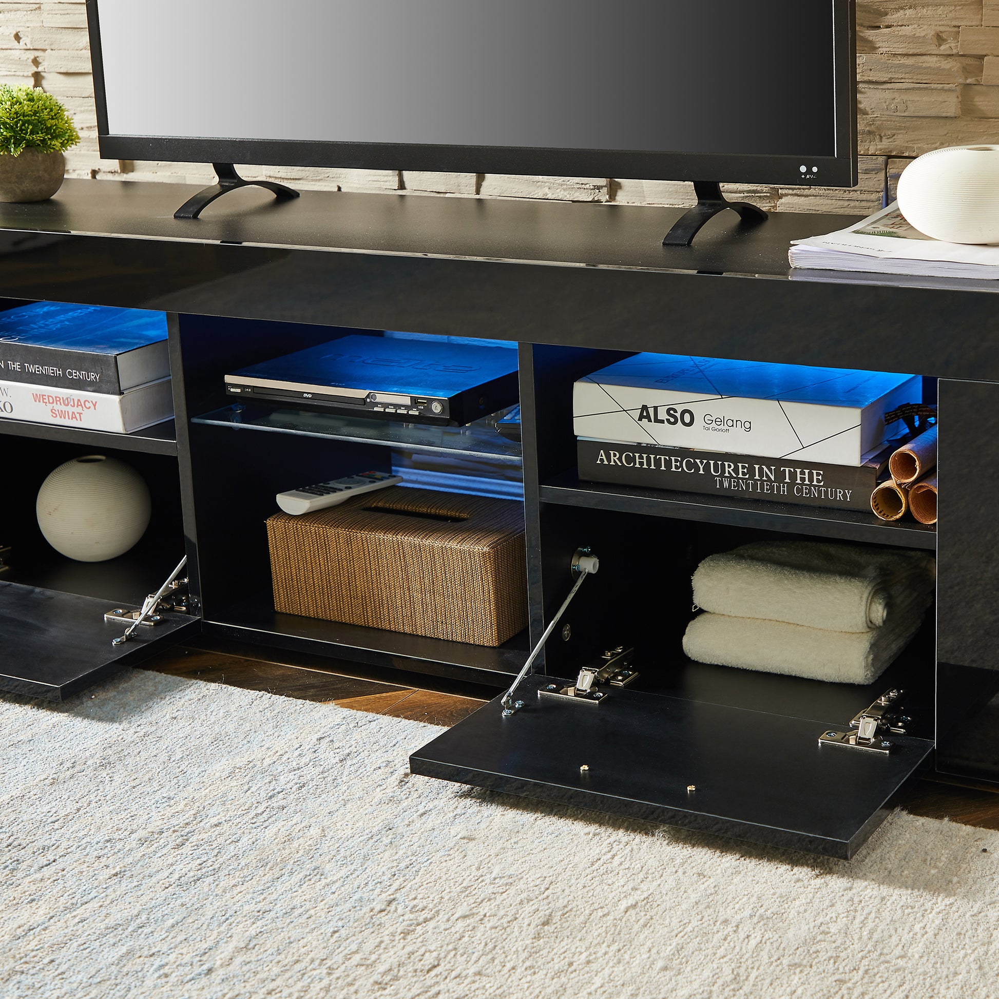 Black Morden Tv Stand With Led Lights,High Glossy Front Tv Cabinet,Can Be Assembled In Lounge Room, Living Room Or Bedroom,Color:Black Black 50 59 Inches Particle Board