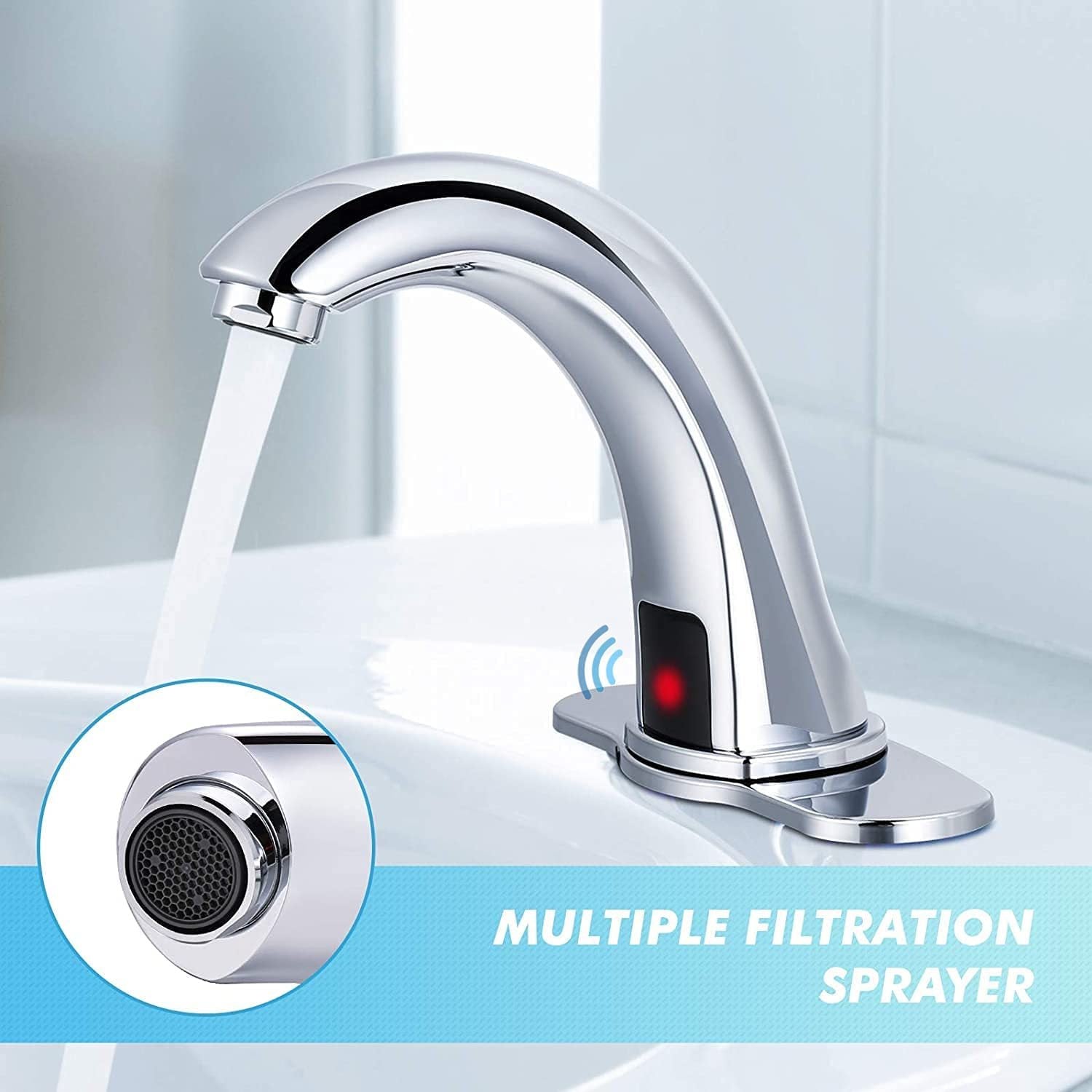 Automatic Sensor Touchless Bathroom Sink Faucet With Deck Plate, Chrome Vanity Faucets, Hands Free Bathroom Water Tap With Cold And Hot Water Mixer Chrome Zinc