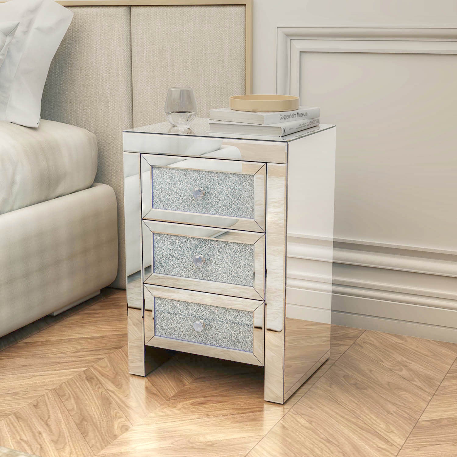 Mirrored Nightstand, Silver Bedside Tables, Mirrored End Table Side Table For Bedroom Living Room Silver Glass