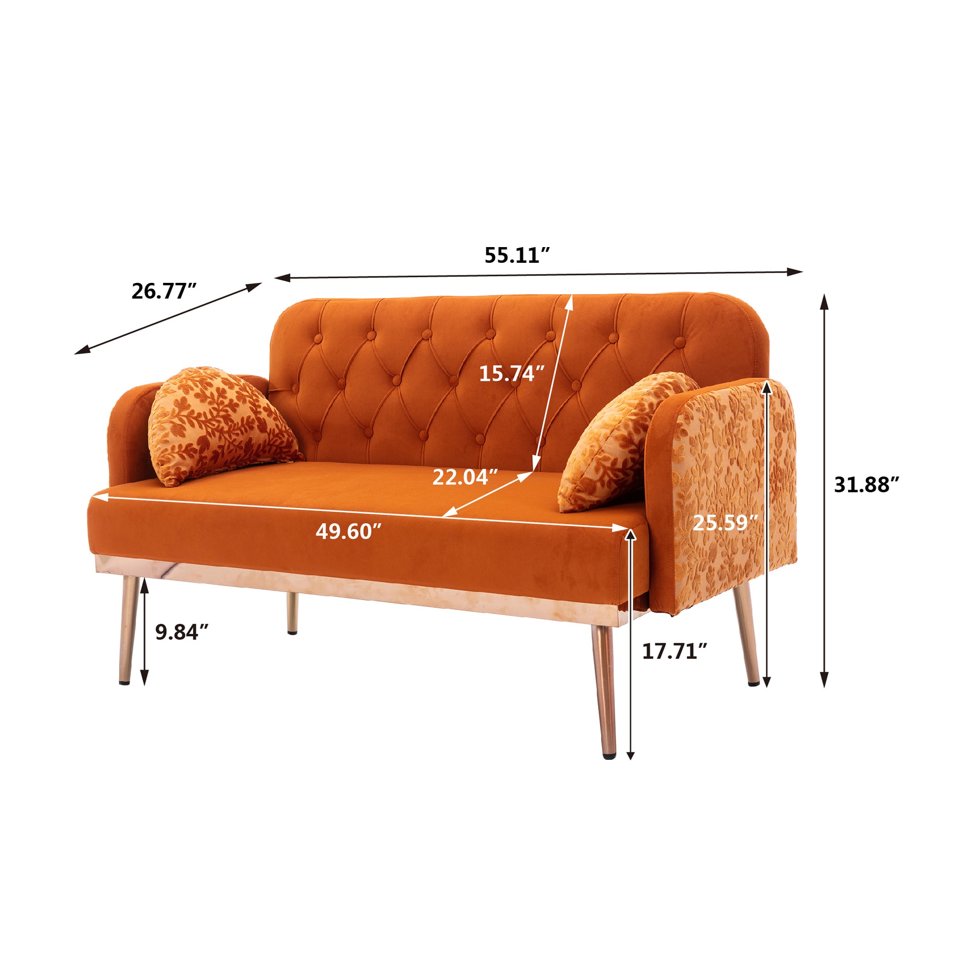 Coolmore Modern Velvet Loveseat Sofacomfy Upholstered 2 Seater Sofa With Gold Metal Legs, Small Loveseat Accent Couch For Living Bedroom Leisure Areas Orange Velvet Orange Foam Velvet 2 Seat