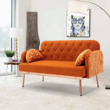 Coolmore Modern Velvet Loveseat Sofacomfy Upholstered 2 Seater Sofa With Gold Metal Legs, Small Loveseat Accent Couch For Living Bedroom Leisure Areas Orange Velvet Orange Foam Velvet 2 Seat