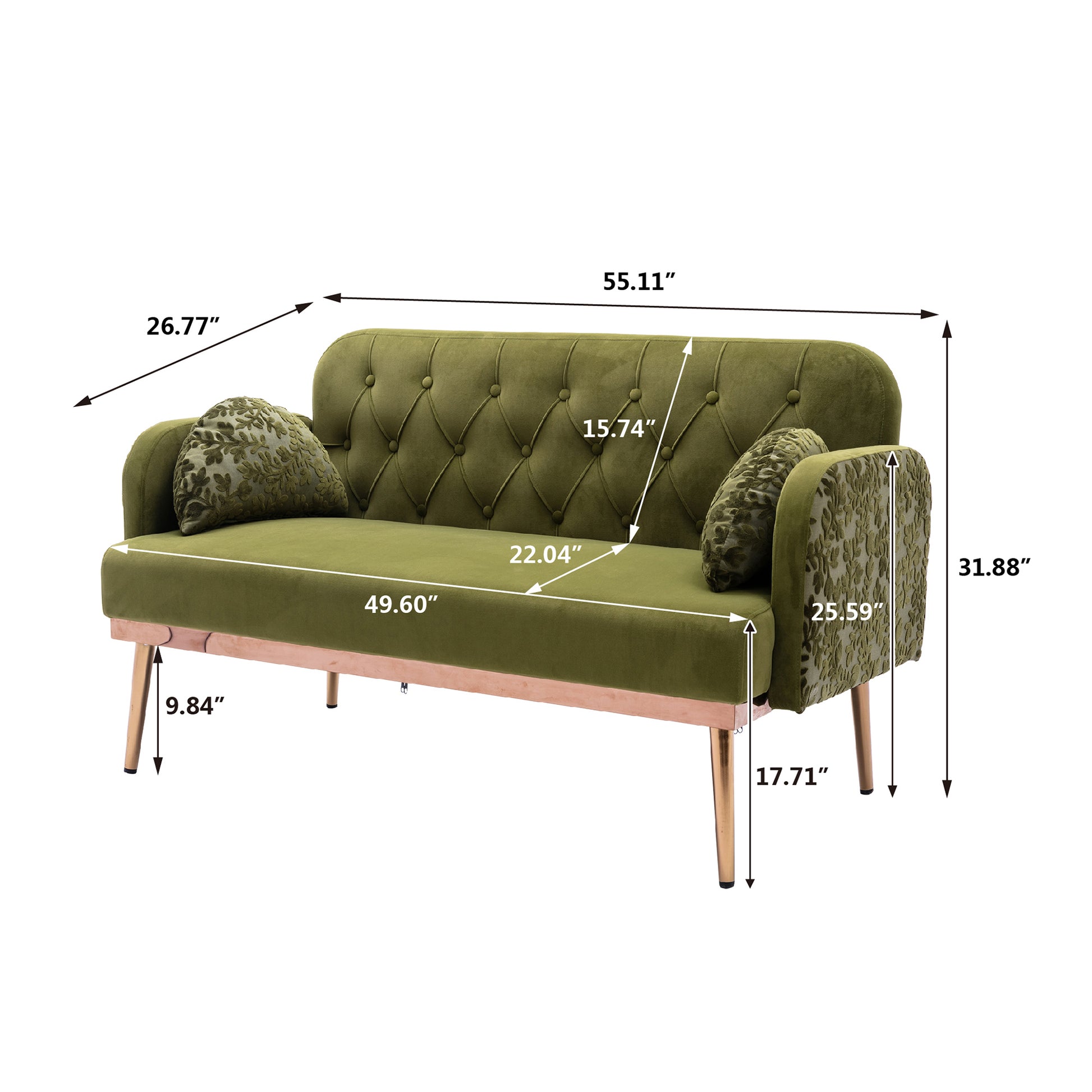 Coolmore Modern Velvet Loveseat Sofacomfy Upholstered 2 Seater Sofa With Gold Metal Legs, Small Loveseat Accent Couch For Living Bedroom Leisure Areas Green Velvet Green Foam Velvet 2 Seat