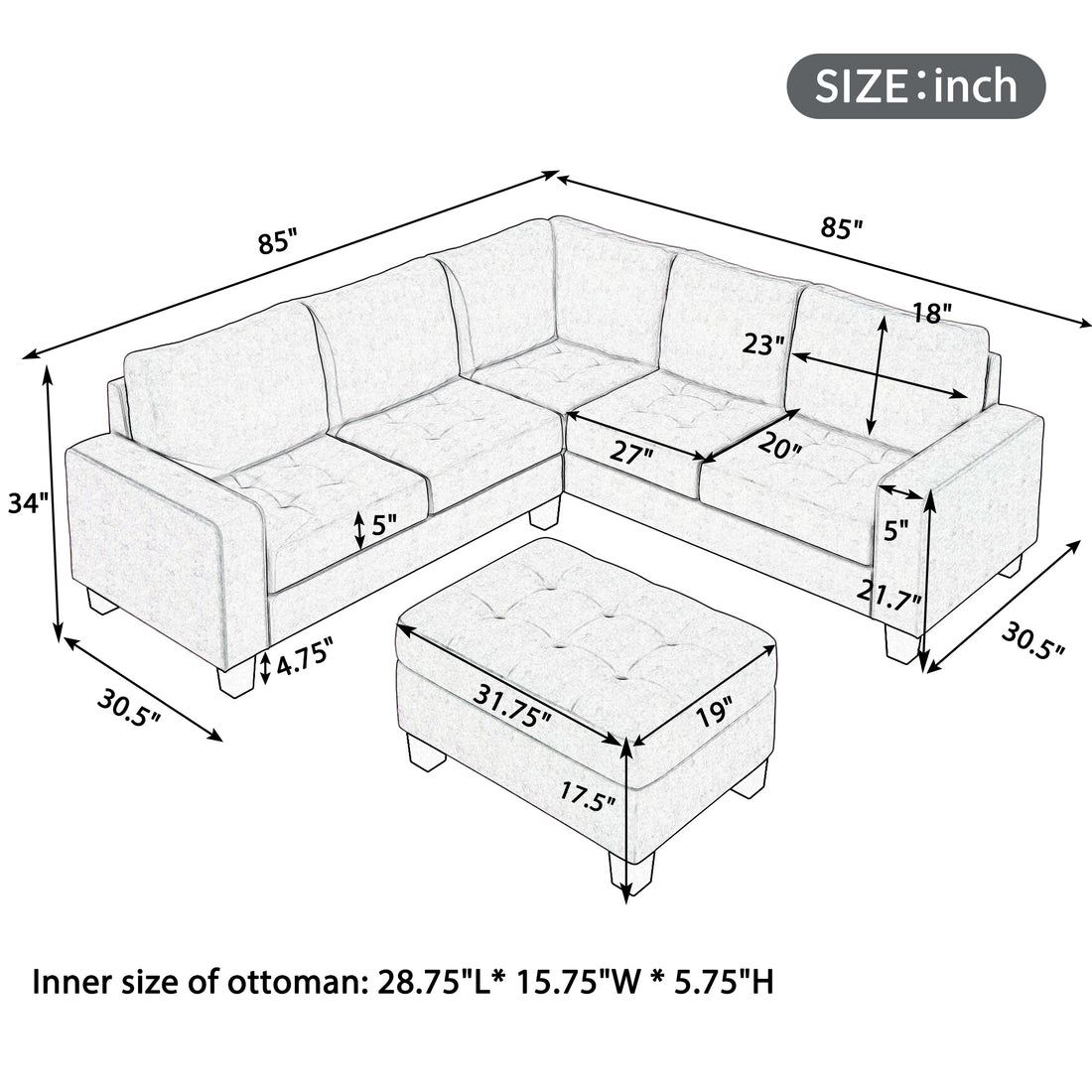 Orisfur. Sectional Corner Sofa L Shape Couch Space Saving With Storage Ottoman & Cup Holders Design For Large Space Dorm Apartment,Light Grey Light Grey Foam Velvet