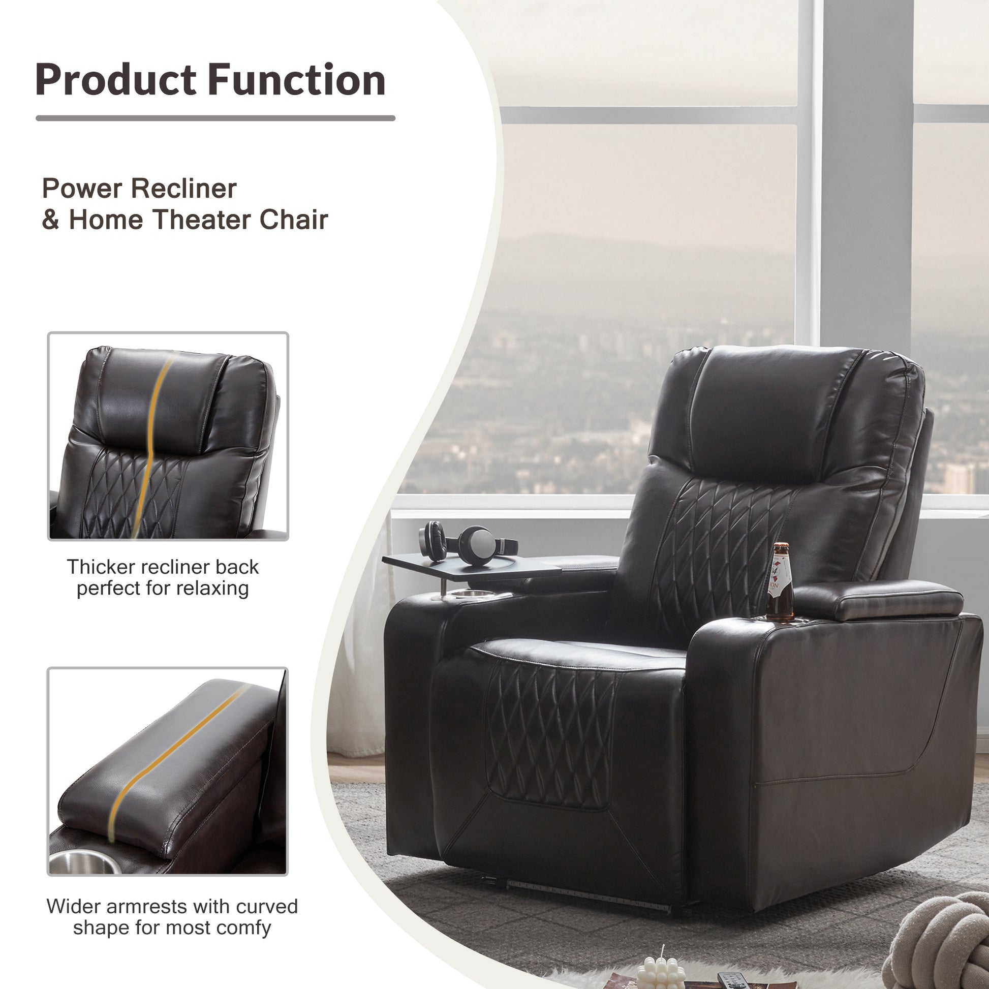 Power Motion Recliner With Usb Charging Port And Hidden Arm Storage 2 Convenient Cup Holders Design And 360 Swivel Tray Table,Black Old Sku: Sg000630Aab Black Foam Pu