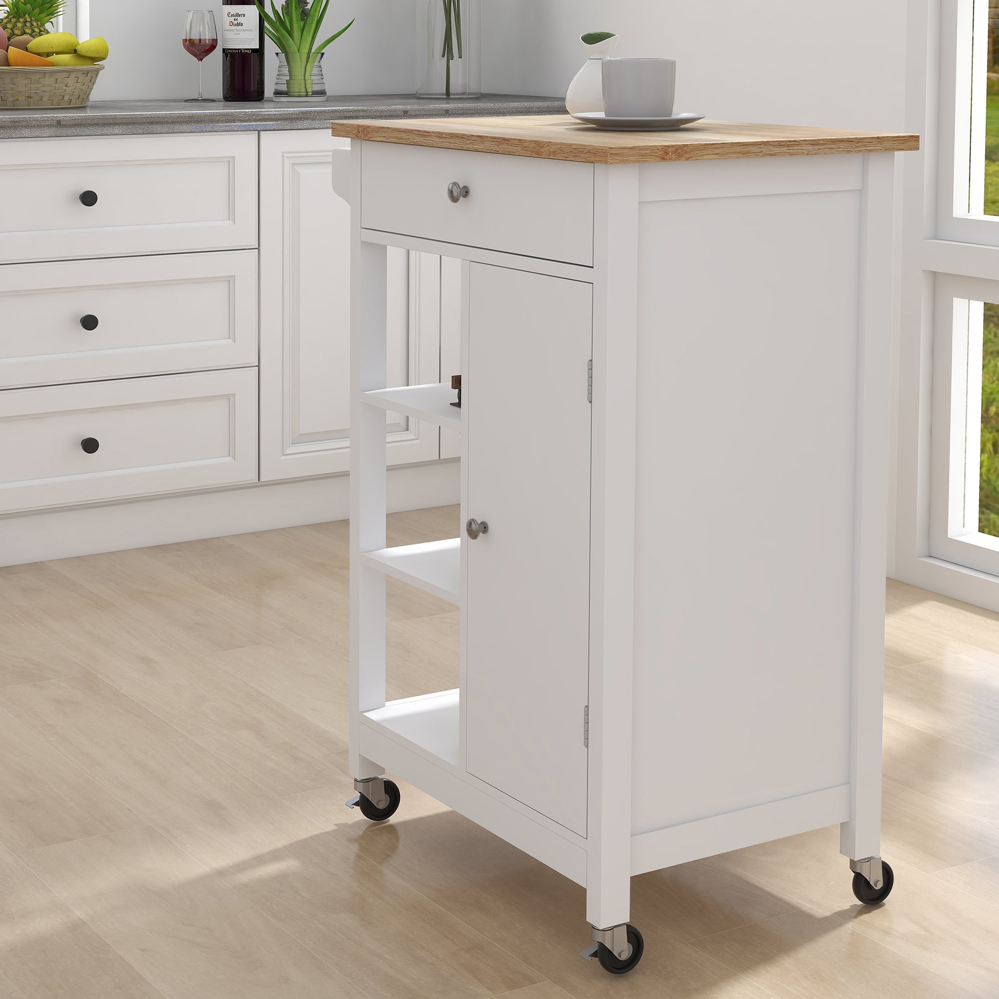 Kitchen island rolling trolley cart with Adjustable white-mdf