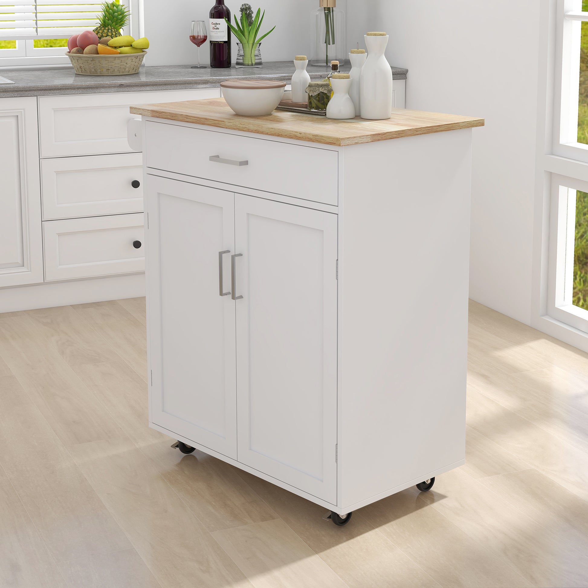 Kitchen Island Rolling Trolley Cart With Adjustable Shelves And Towel Rack Rubber Wood Table Top White Mdf