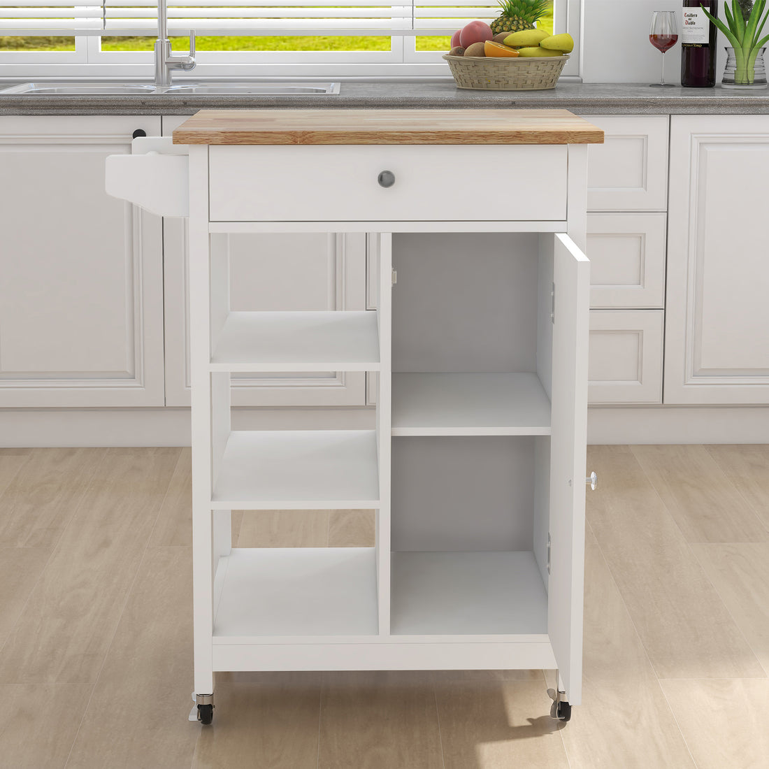 Kitchen Island Rolling Trolley Cart With Adjustable Shelves And Towel Rack Rubber Wood Table Top White Mdf