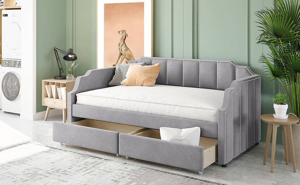 Twin Size Upholstered Daybed With Drawers, Wood Slat Support, Gray Gray Velvet
