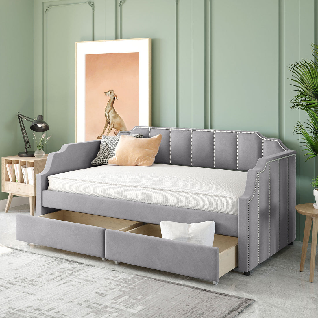 Twin Size Upholstered Daybed With Drawers, Wood Slat Support, Gray Gray Velvet