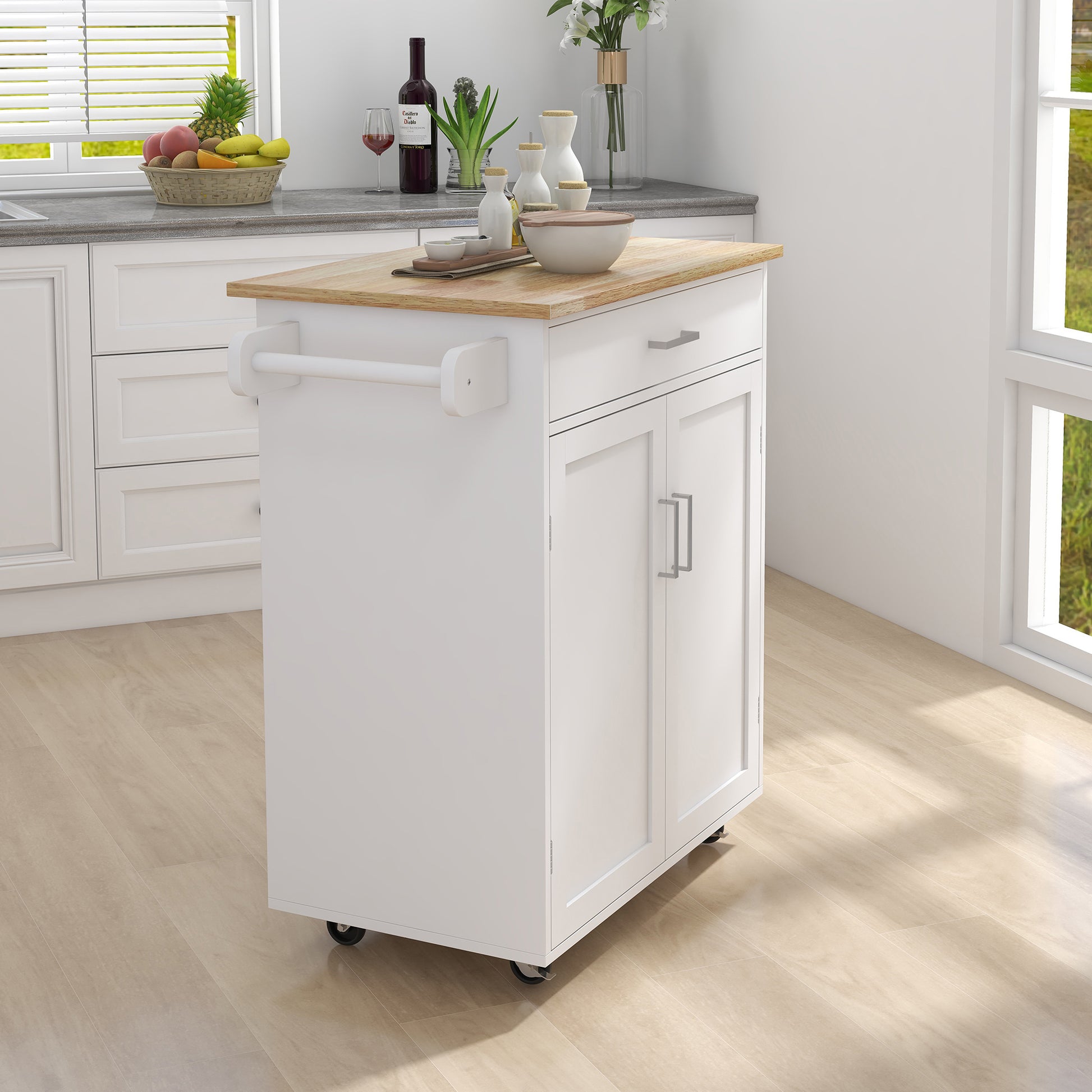 Kitchen island rolling trolley cart with Adjustable white-mdf