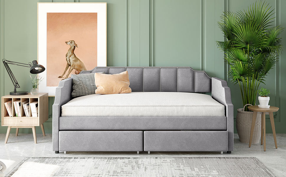 Twin Size Upholstered Daybed With Drawers, Wood Slat Support, Gray Gray Velvet