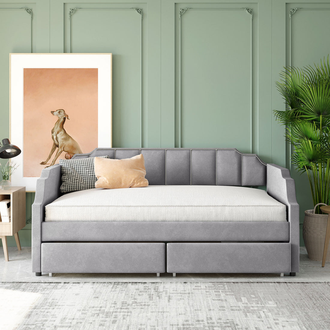 Twin Size Upholstered Daybed With Drawers, Wood Slat Support, Gray Gray Velvet