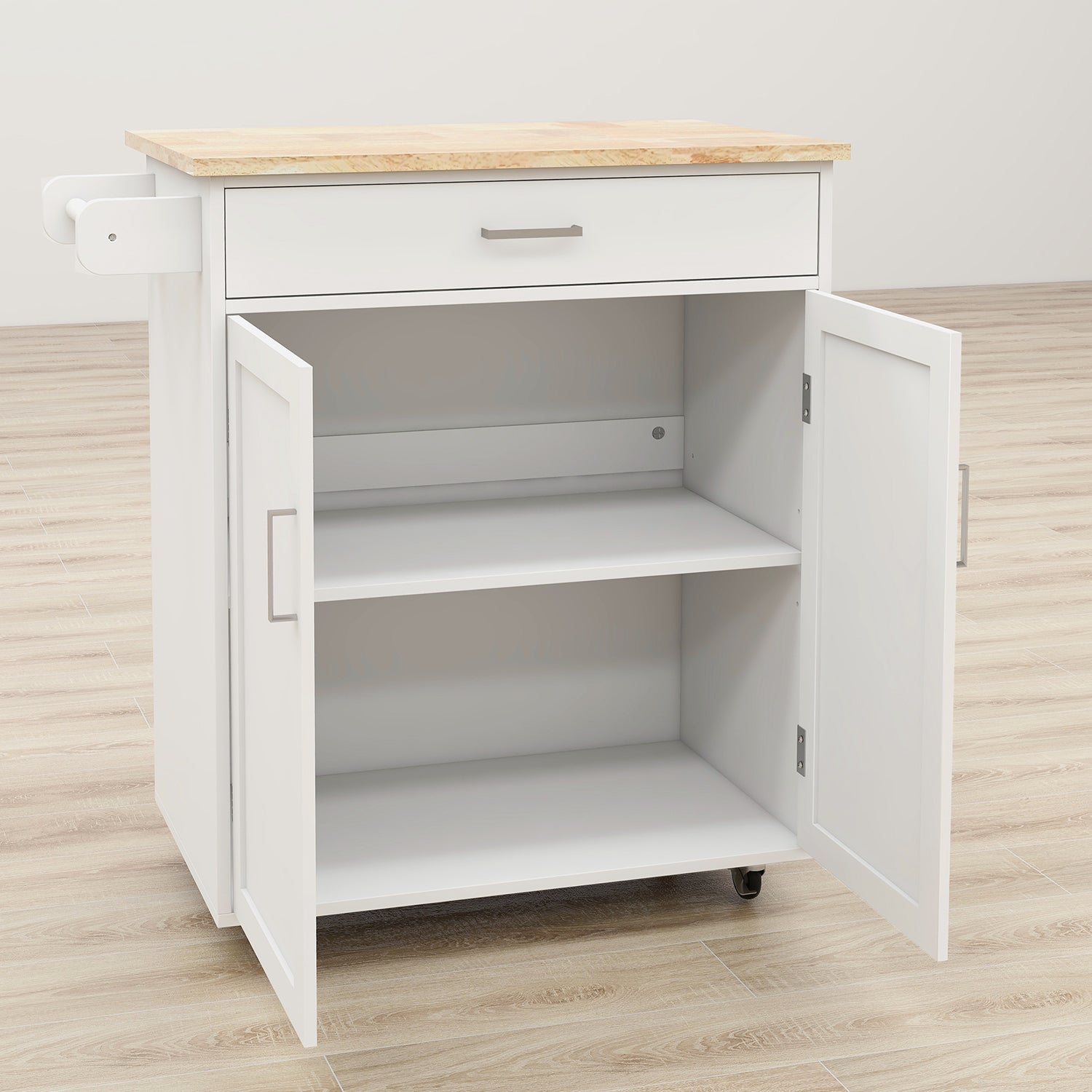 Kitchen Island Rolling Trolley Cart With Adjustable Shelves And Towel Rack Rubber Wood Table Top White Mdf