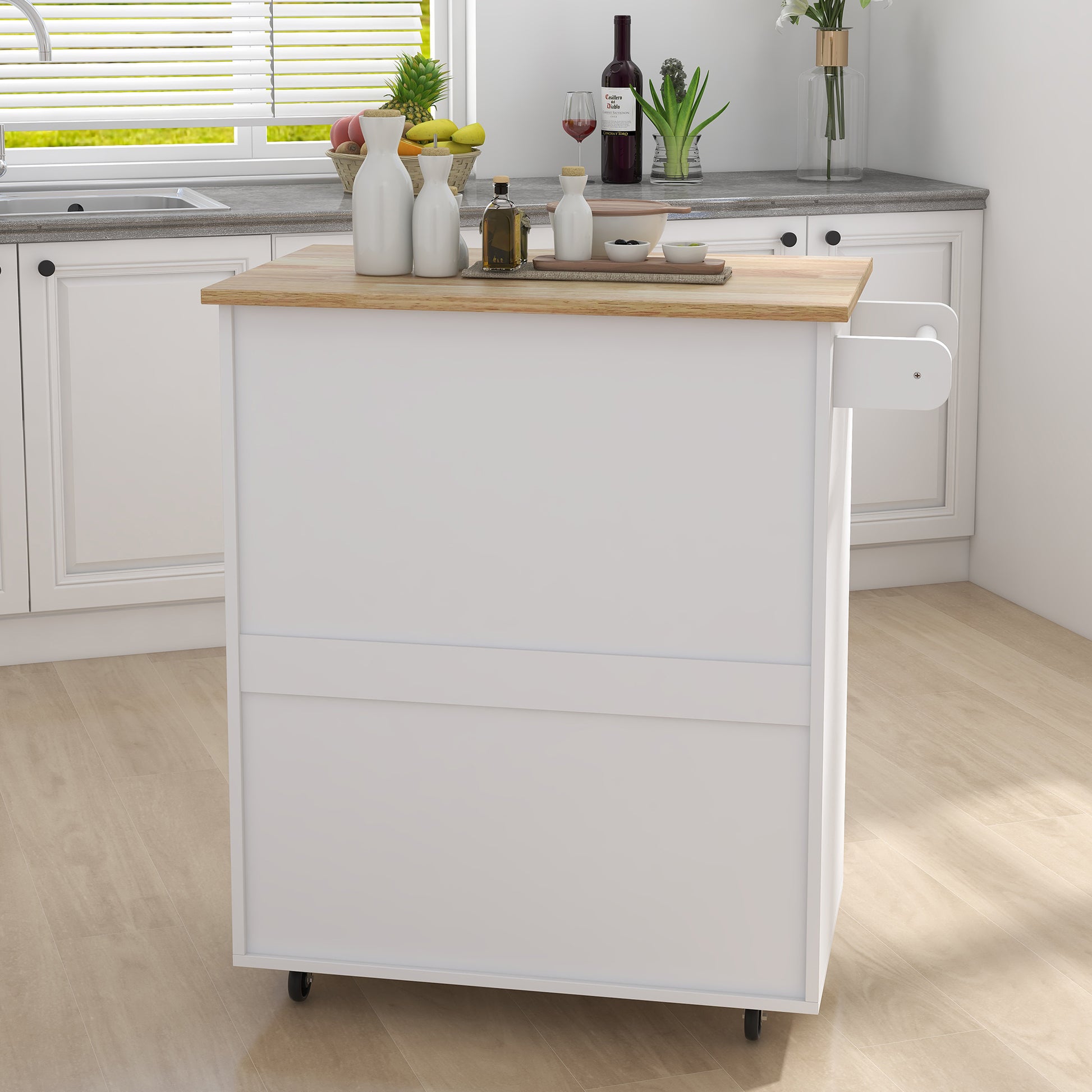 Kitchen Island Rolling Trolley Cart With Adjustable Shelves And Towel Rack Rubber Wood Table Top White Mdf