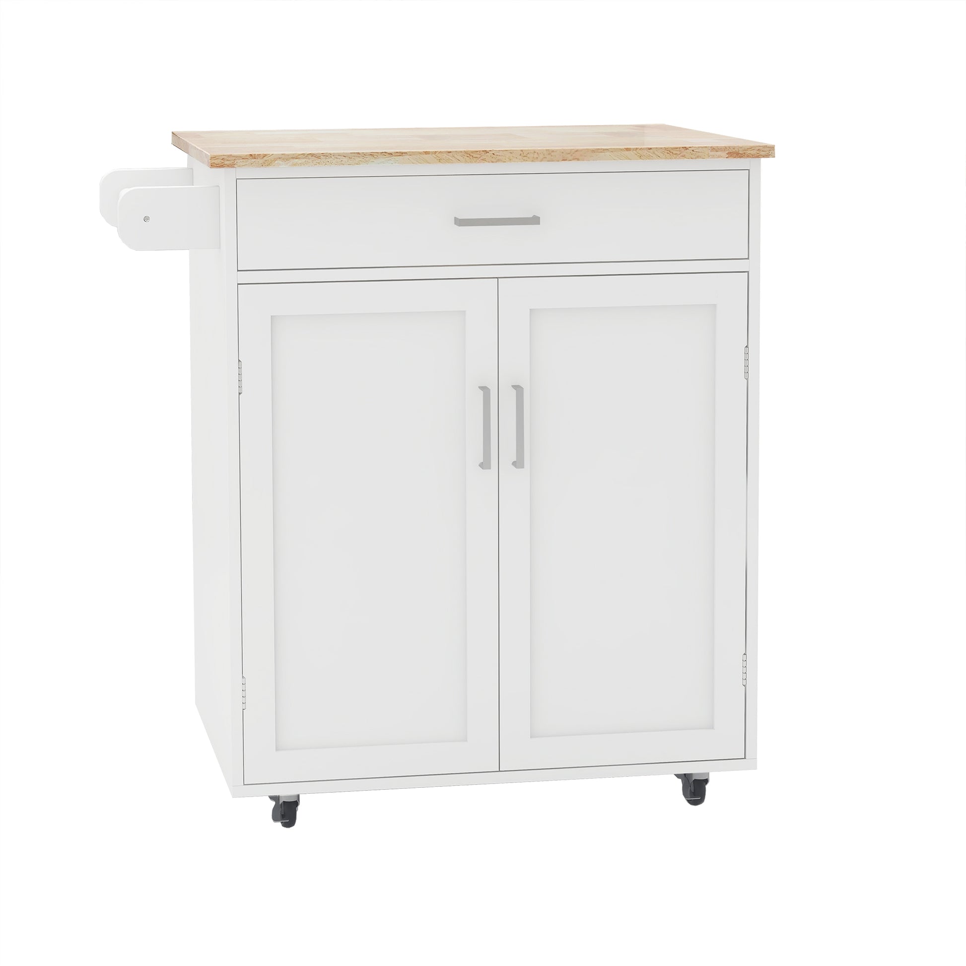 Kitchen Island Rolling Trolley Cart With Adjustable Shelves And Towel Rack Rubber Wood Table Top White Mdf