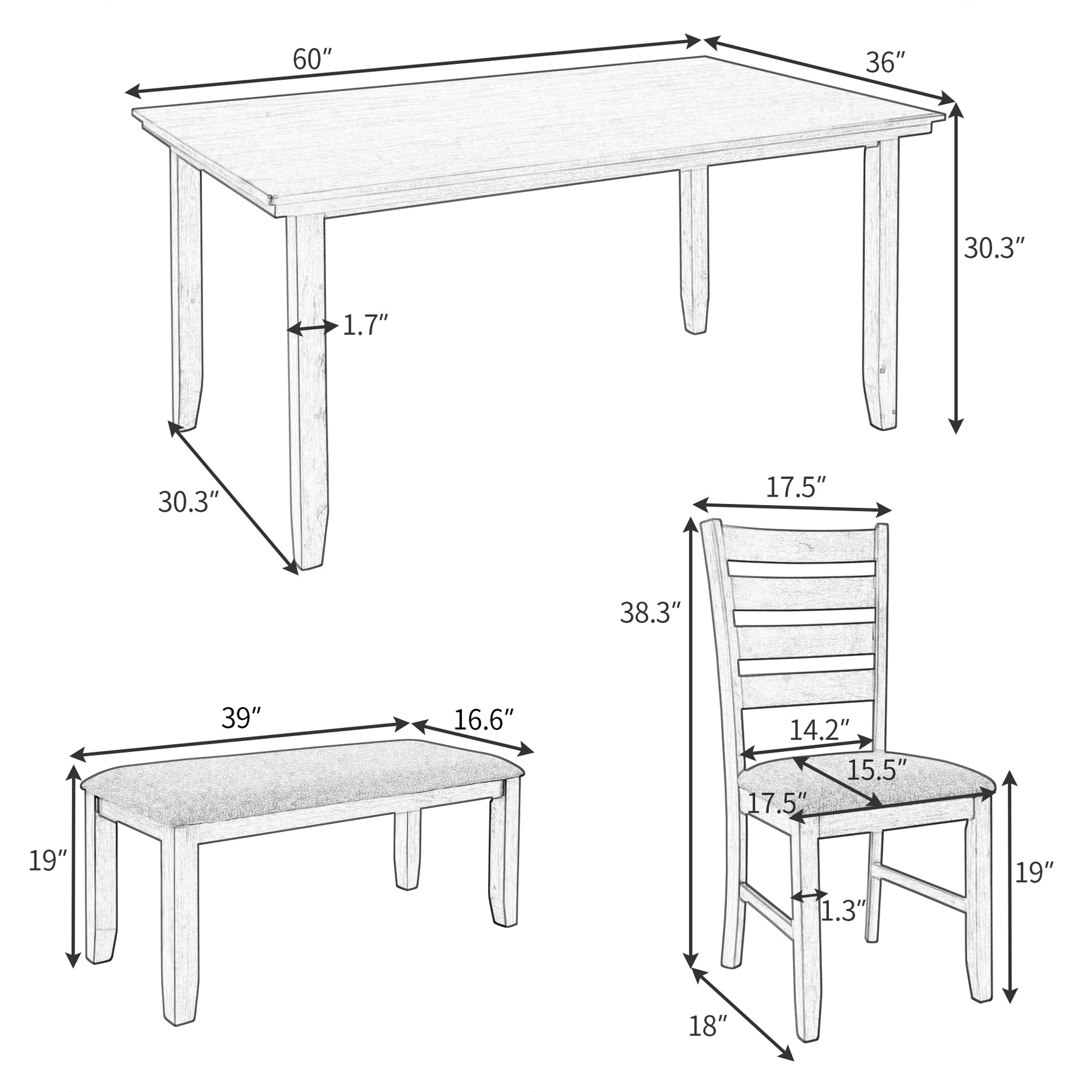 Dining Room Table And Chairs With Bench, Rustic Wood Dining Set, Set Of 6 Gray Gray Solid Wood