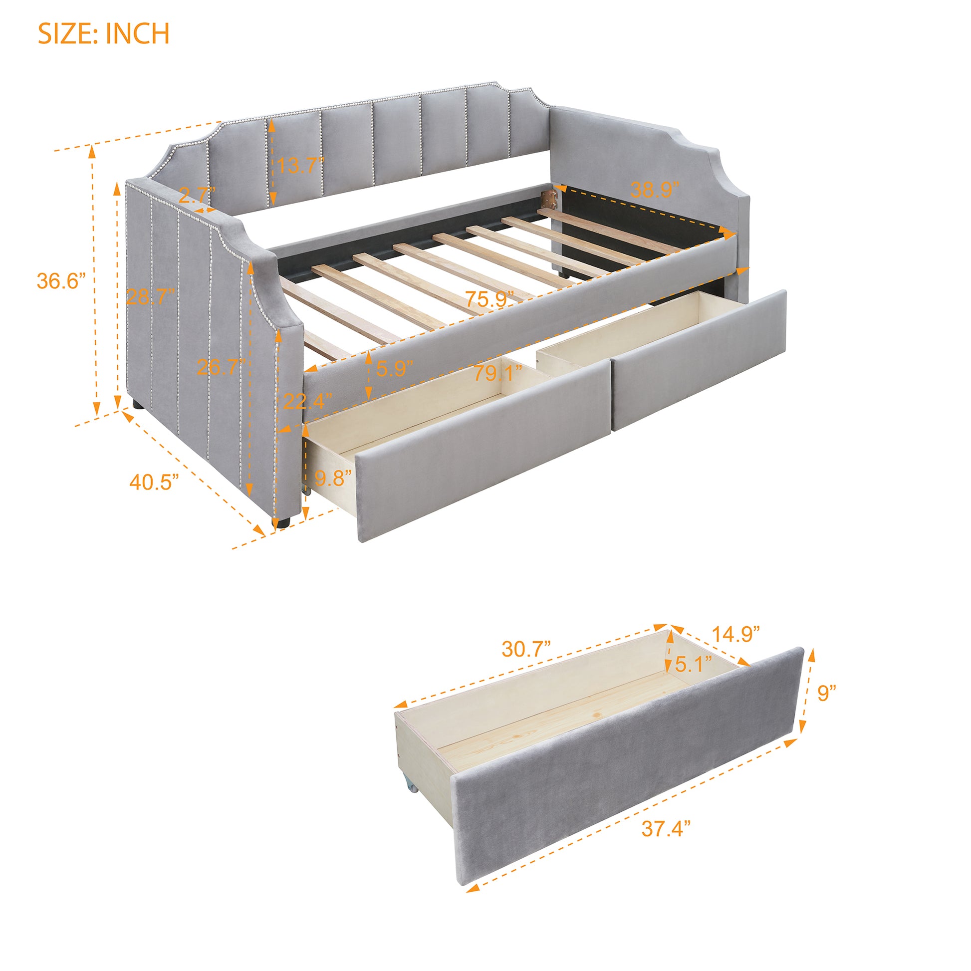 Twin Size Upholstered Daybed With Drawers, Wood Slat Support, Gray Gray Velvet