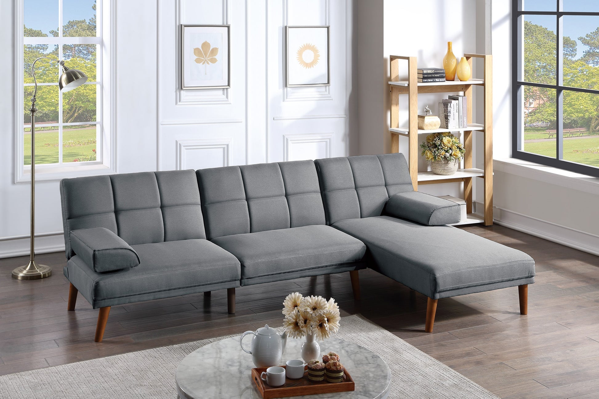 Blue Grey Color Polyfiber 2Pc Sectional Sofa Set Living Room Furniture Solid Wood Legs Tufted Couch Adjustable Sofa Chaise Grey Mix Wood Primary Living Space Tufted Back Contemporary,Modern L Shaped