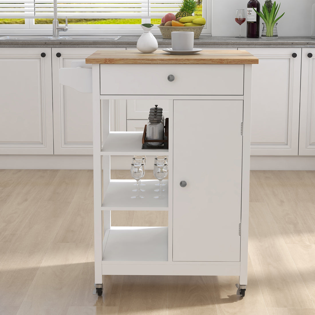 Kitchen Island Rolling Trolley Cart With Adjustable Shelves And Towel Rack Rubber Wood Table Top White Mdf