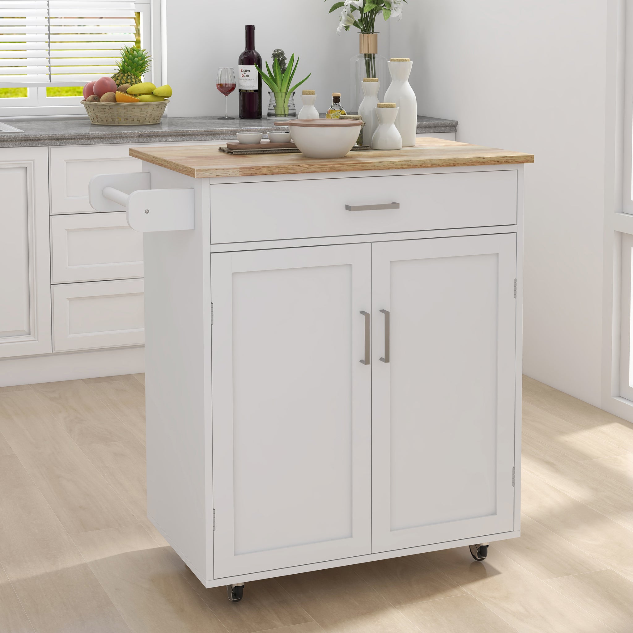 Kitchen Island Rolling Trolley Cart With Adjustable Shelves And Towel Rack Rubber Wood Table Top White Mdf