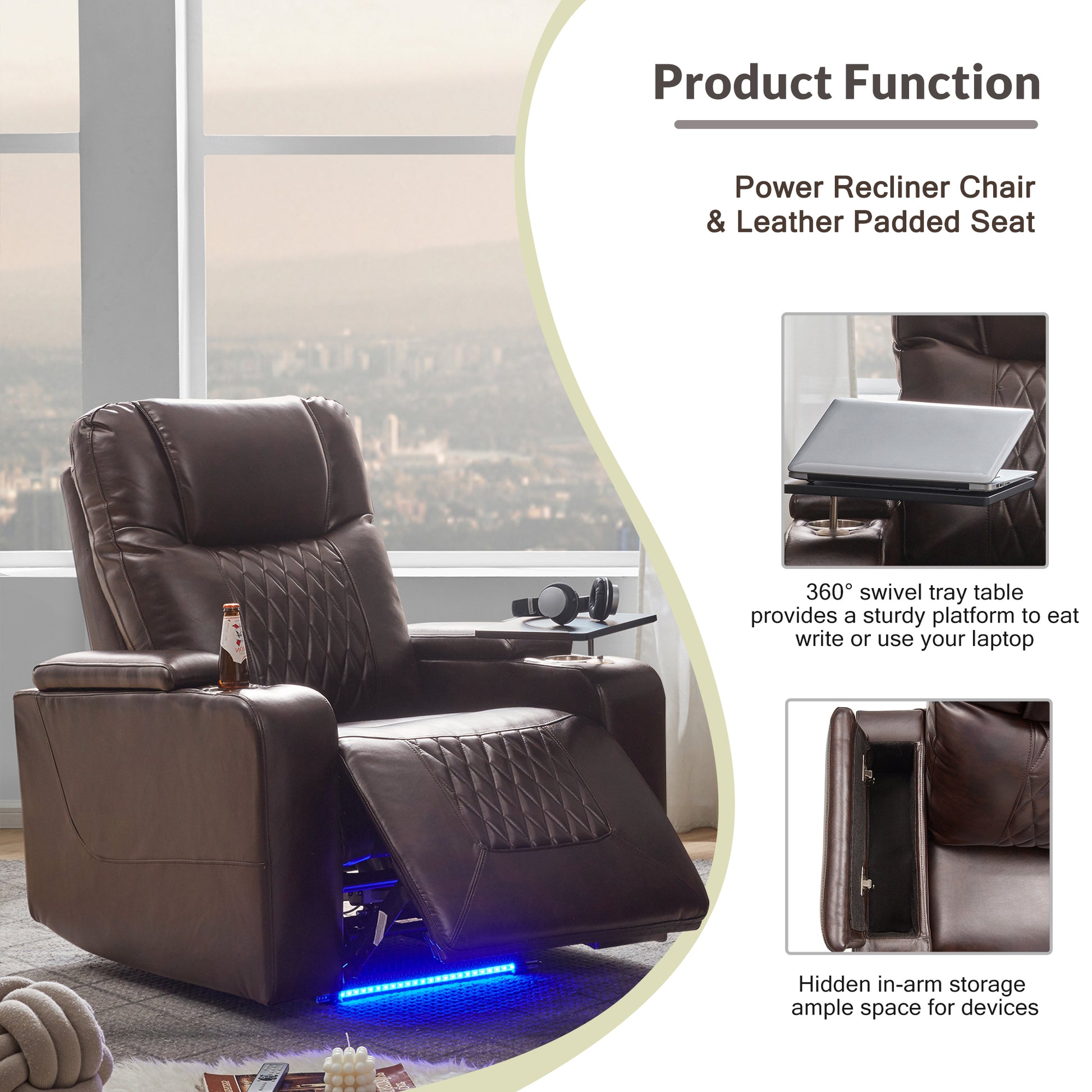 Power Motion Recliner With Usb Charging Port And Hidden Arm Storage 2 Convenient Cup Holders Design And 360 Swivel Tray Table,Brown Old Sku: Sg000630Aad Brown Foam Pu