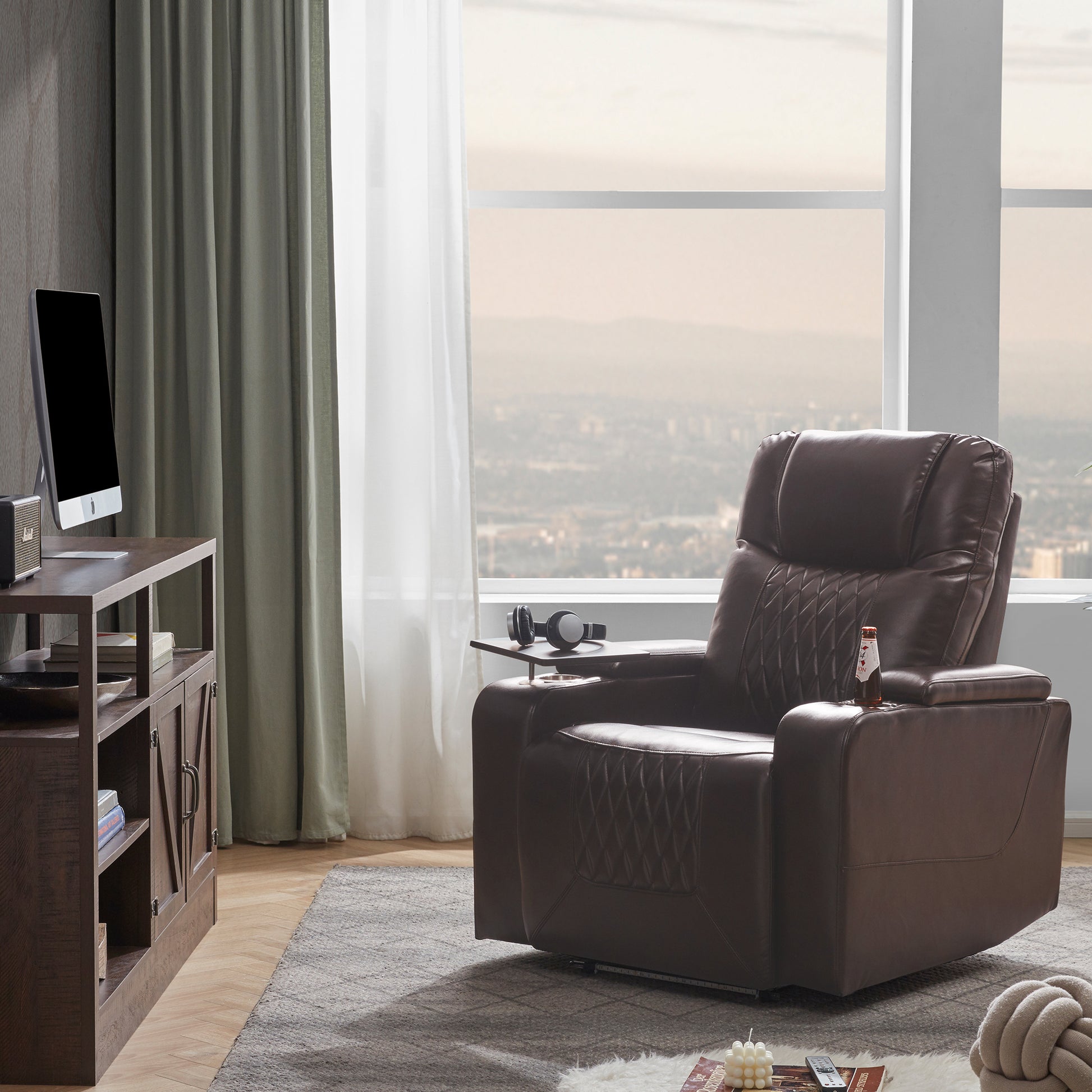 Power Motion Recliner With Usb Charging Port And Hidden Arm Storage 2 Convenient Cup Holders Design And 360 Swivel Tray Table,Brown Old Sku: Sg000630Aad Brown Foam Pu