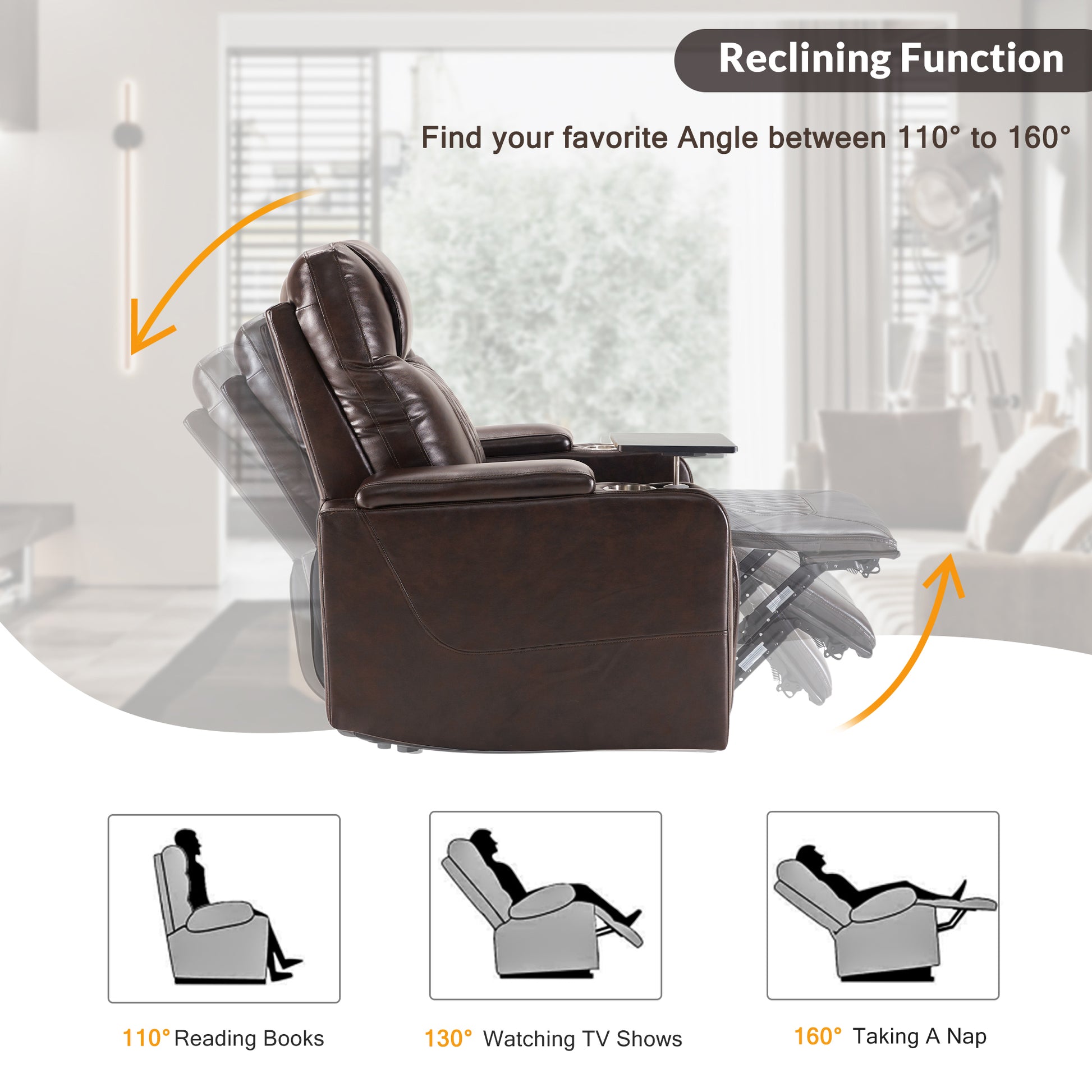 Power Motion Recliner With Usb Charging Port And Hidden Arm Storage 2 Convenient Cup Holders Design And 360 Swivel Tray Table,Brown Old Sku: Sg000630Aad Brown Foam Pu
