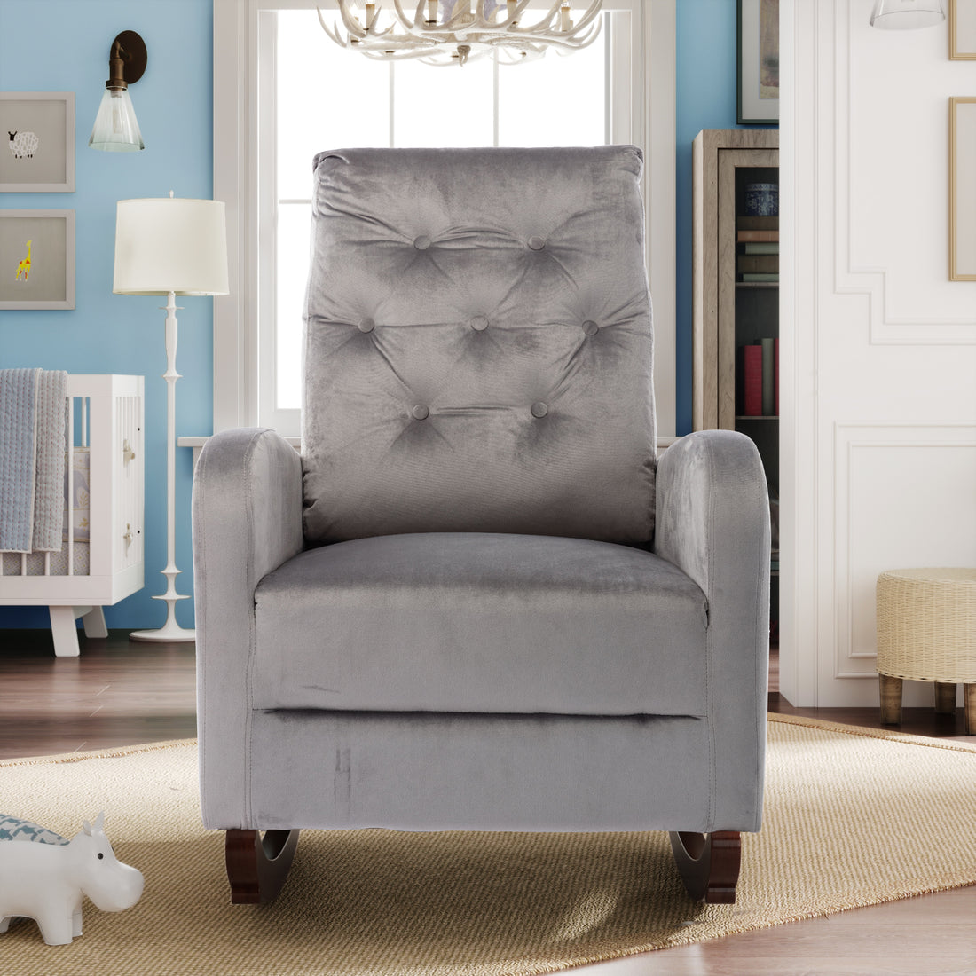 Baby Room High Back Rocking Chair Nursery Chair beige-velvet