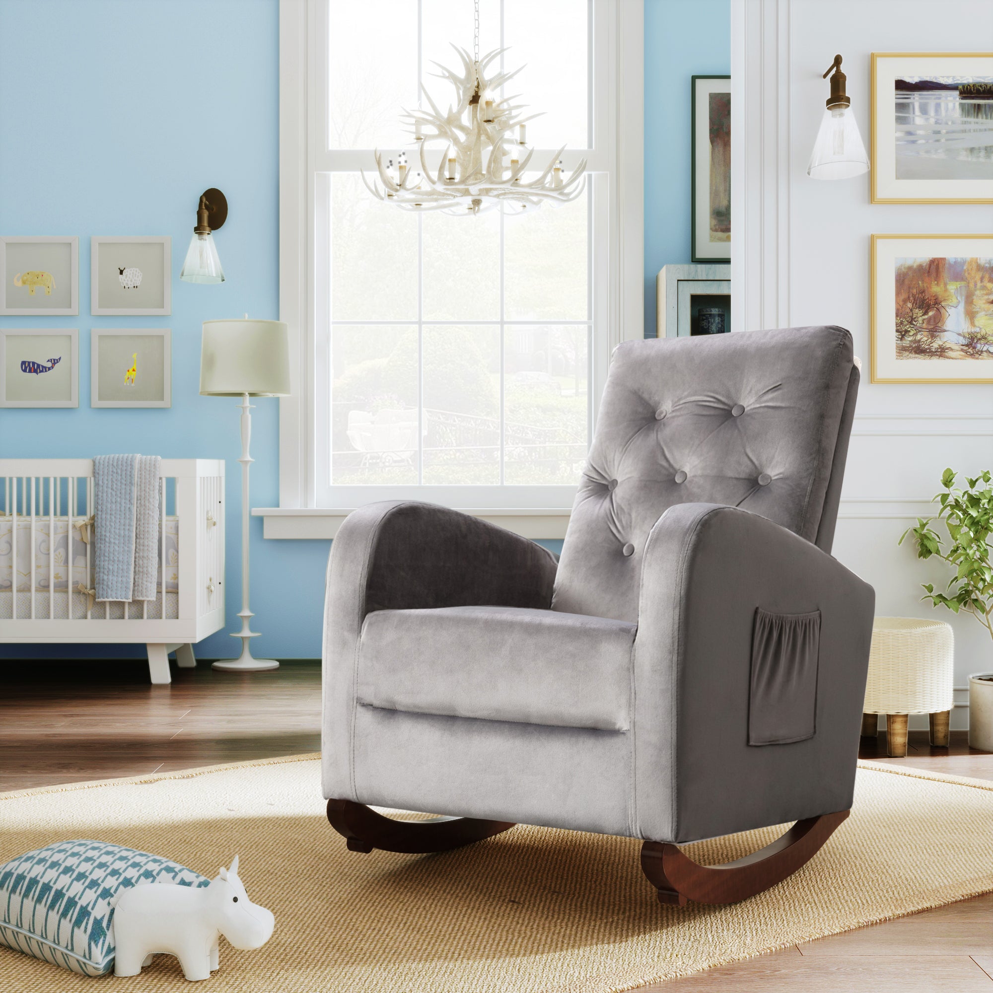 Baby Room High Back Rocking Chair Nursery Chair grey-velvet