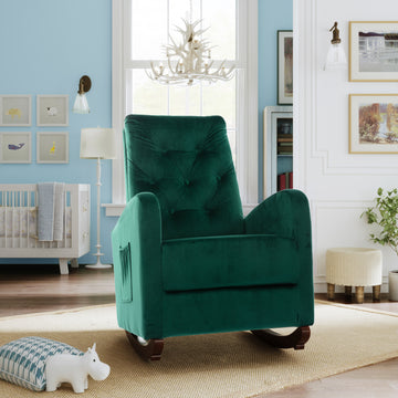 Baby Room High Back Rocking Chair Nursery Chaircomfortable Rocker Fabric Padded Seat ,Modern High Back Armchair Green Velvet