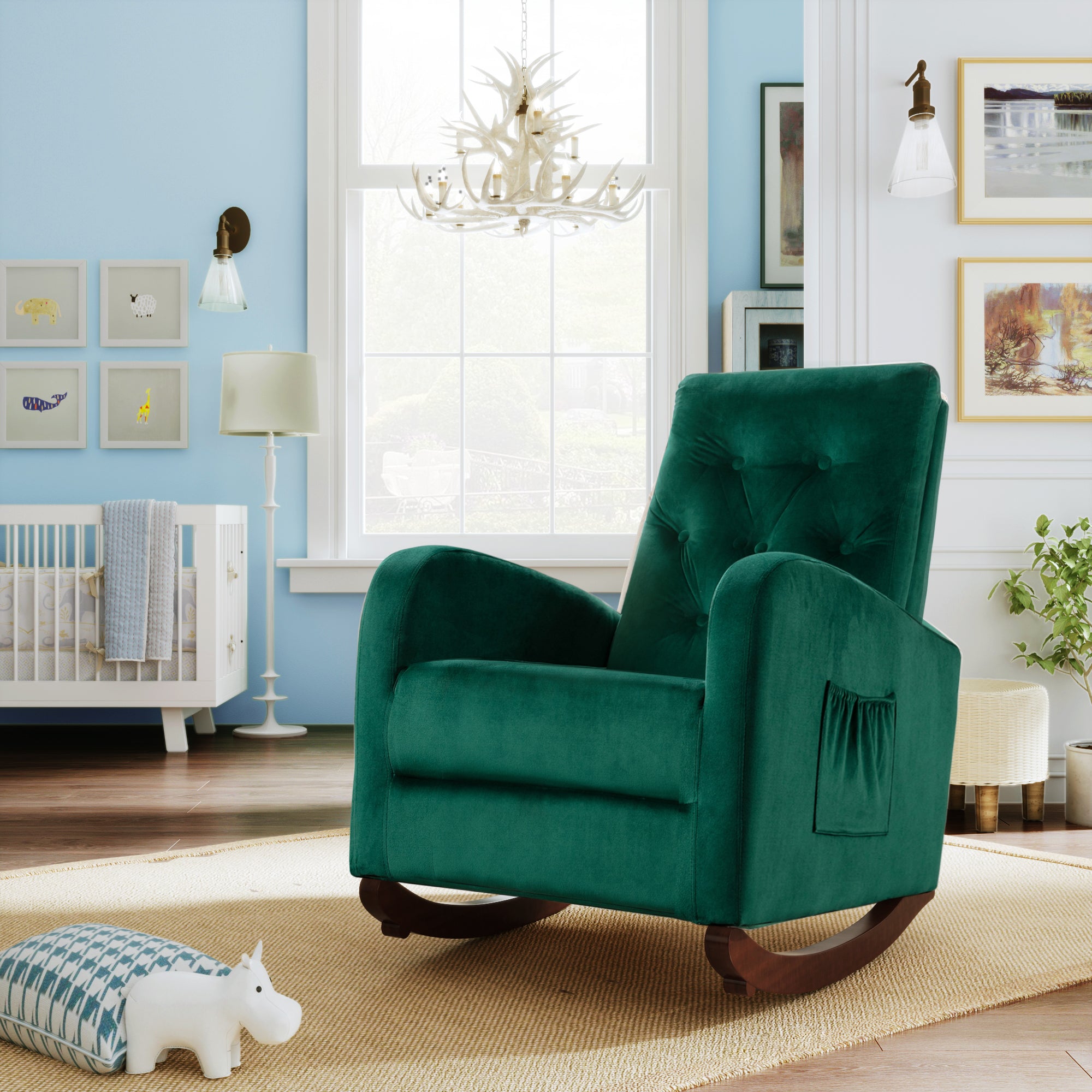 Baby Room High Back Rocking Chair Nursery Chair green-velvet