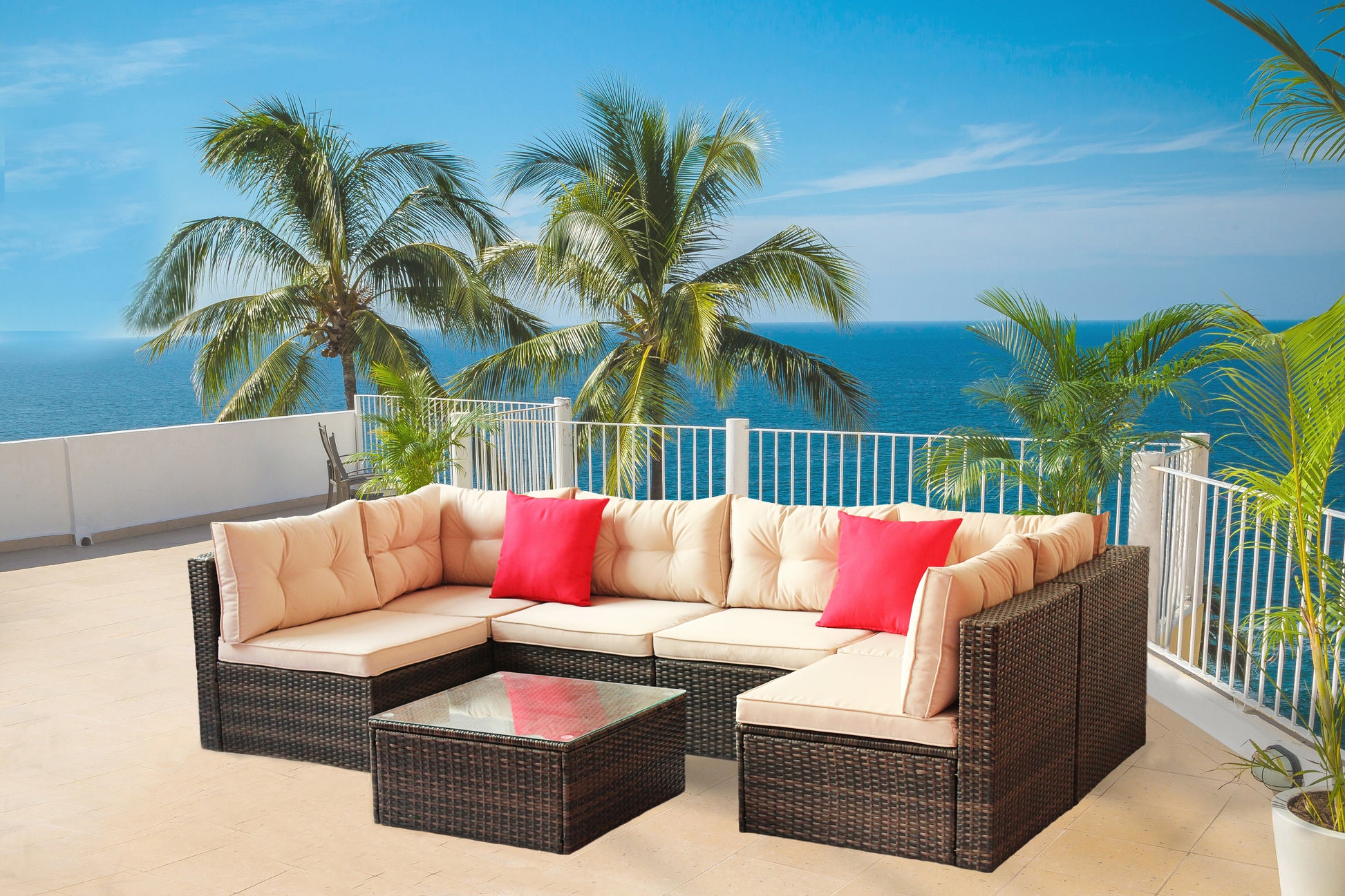 Patio Furniture Set Pe Rattan Sectional Garden Furniture Corner Sofa Set 7 Pieces, Shallow Browncushion Coffee Rattan