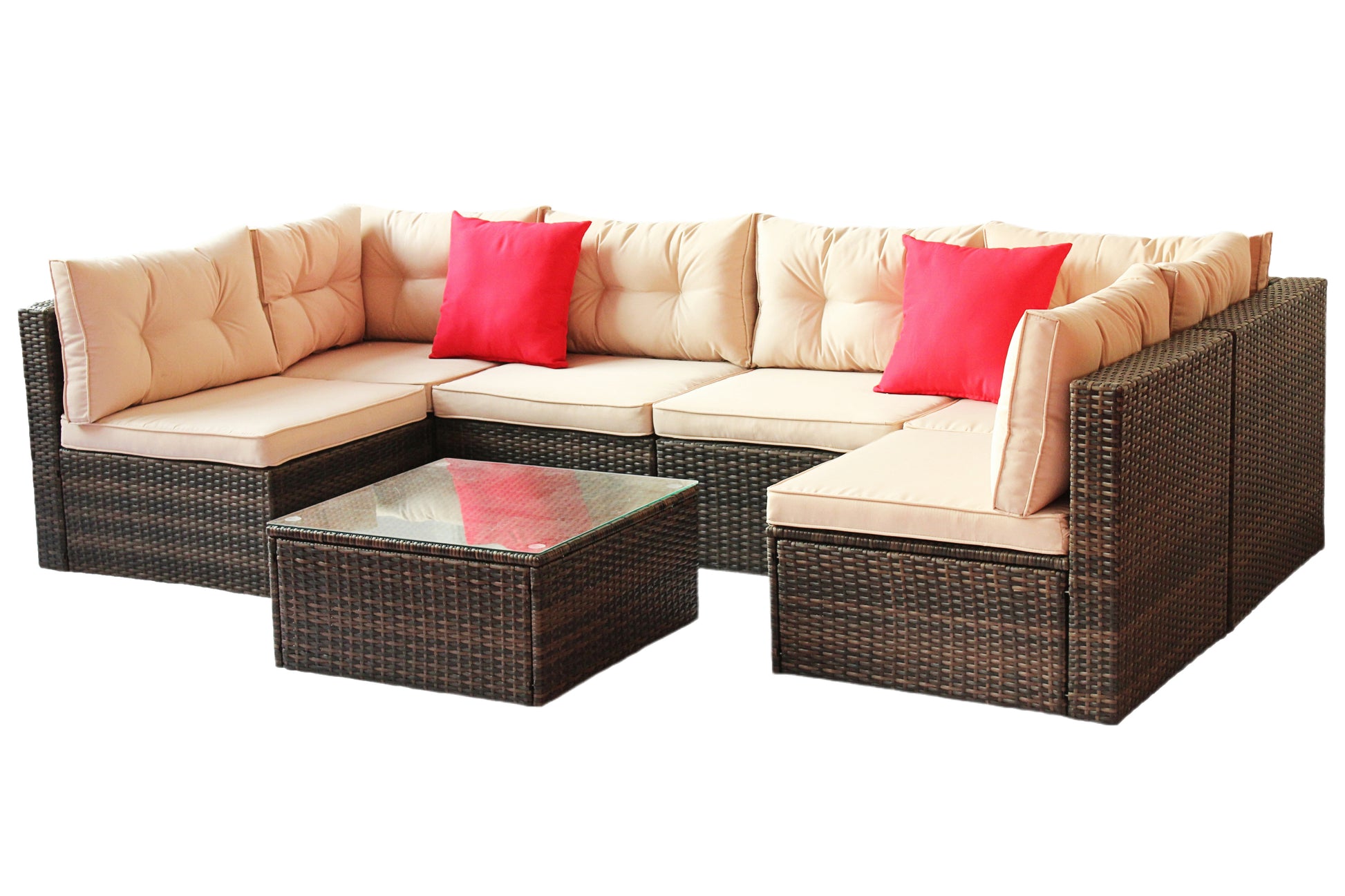 Patio Furniture Set Pe Rattan Sectional Garden Furniture Corner Sofa Set 7 Pieces, Shallow Browncushion Coffee Rattan