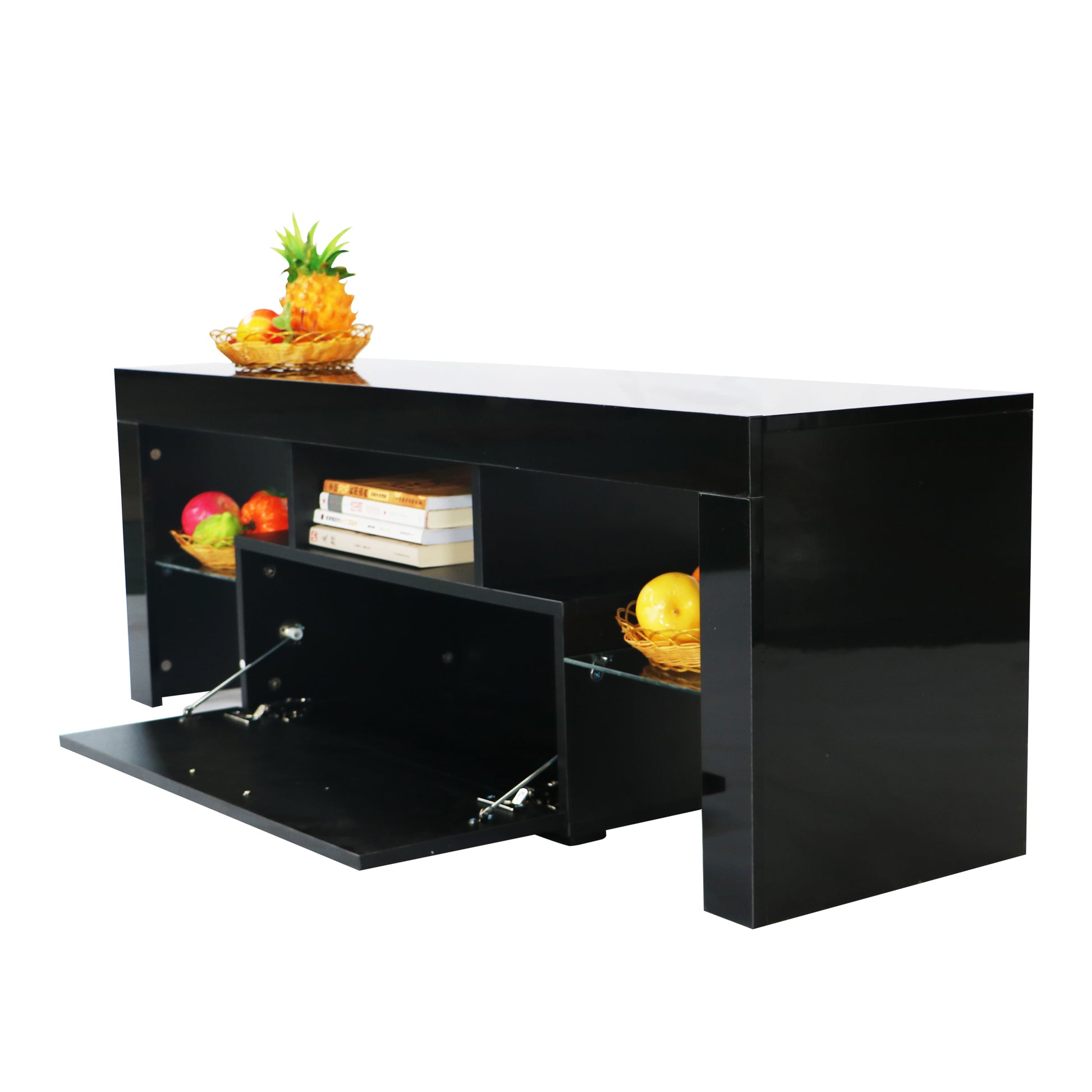 Fashiontvstandtvcabinet,Entertainmentcenter,Tvstationtv Console,Media Console,With Ledlight Belt,Light Belt Remote Control,Toughenedglassshelf,Metal Handle,Canbeplaced In The Living Room,Bedroom,Black Black Primary Living Space 50 59 Inches 50 59 Inches