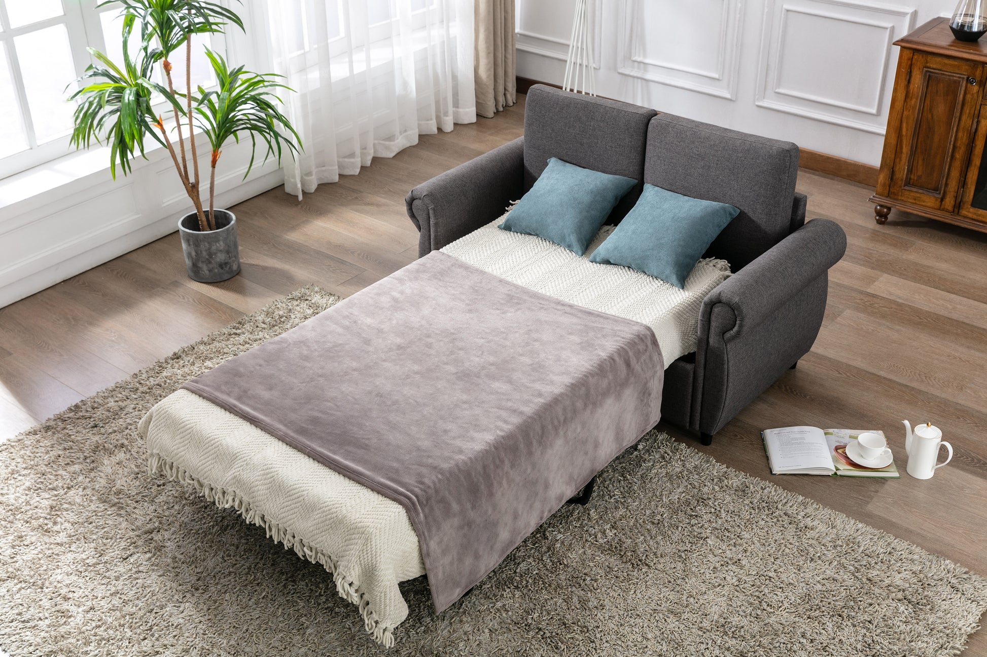 57.5" Orisfur Pull Out Sofa Bed Loveseat Sleeper With Twin Size Memory Mattress For Living Room Spaces, Gray Gray Foam Linen