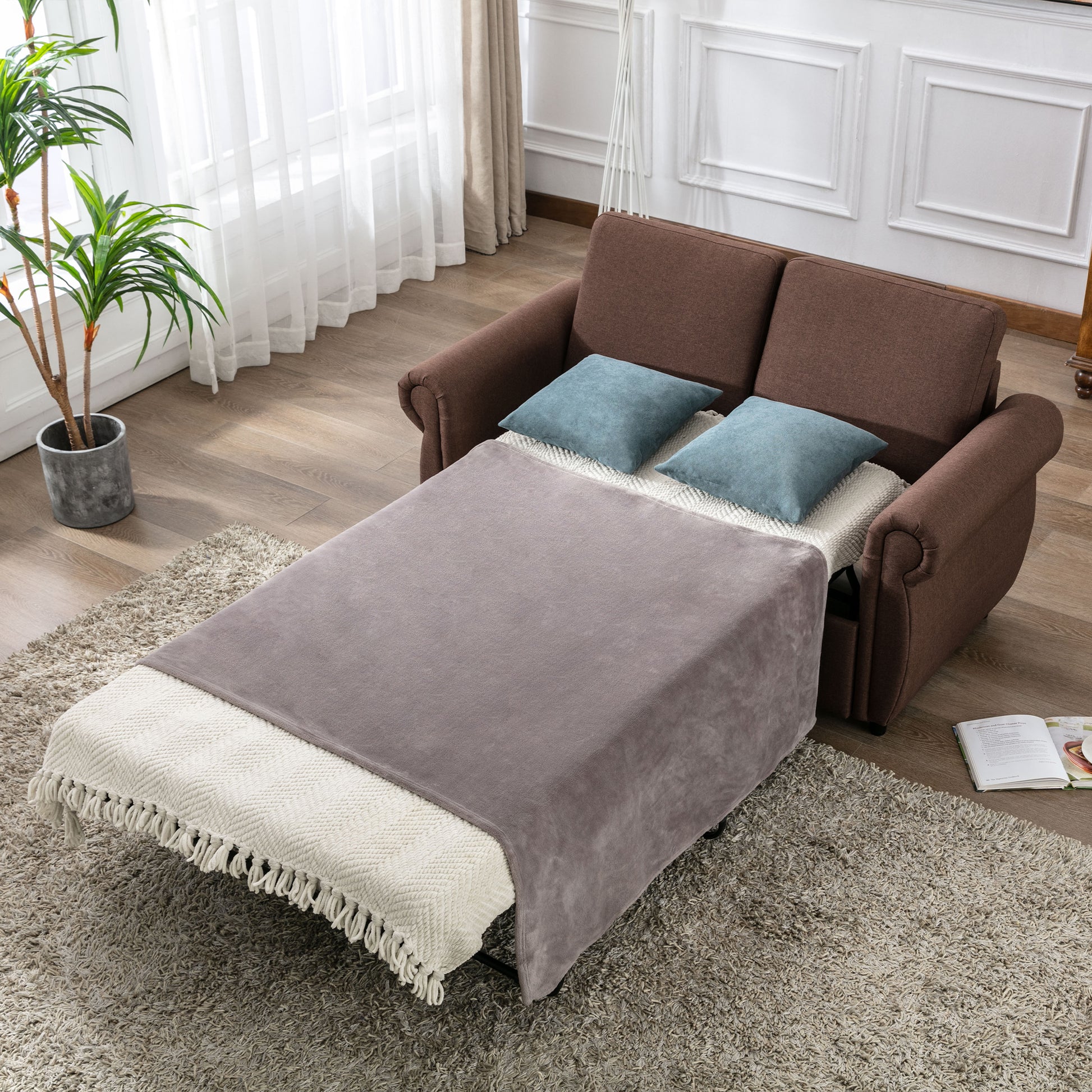 57.5" Orisfur Pull Out Sofa Bed Loveseat Sleeper With Twin Size Memory Mattress For Living Room Spaces, Brown Brown Foam Linen
